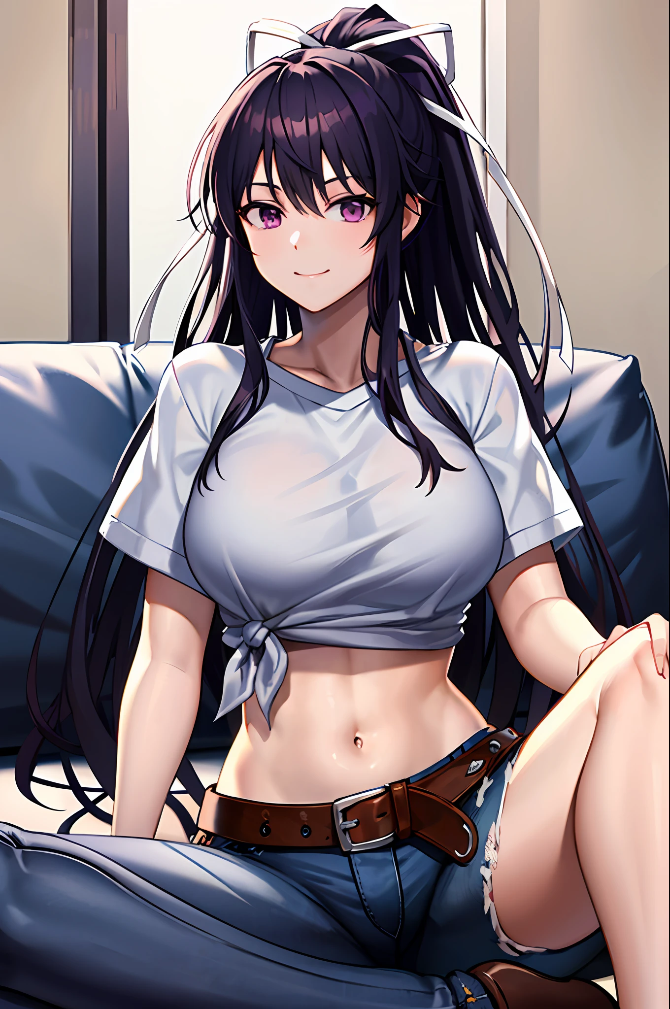 masterpiece, best quality, highres, kaori1, 1girl, solo, sheathed, asymmetrical clothes, navel, purple eyes, very long hair, tied shirt, midriff, hair ribbon, single pantsleg, white shirt, ponytail, black hair, large breasts, jeans, white ribbon, brown belt, purple hair, asymmetrical legwear, cowboy shot, smile, indoors, sitting, crossed legs,