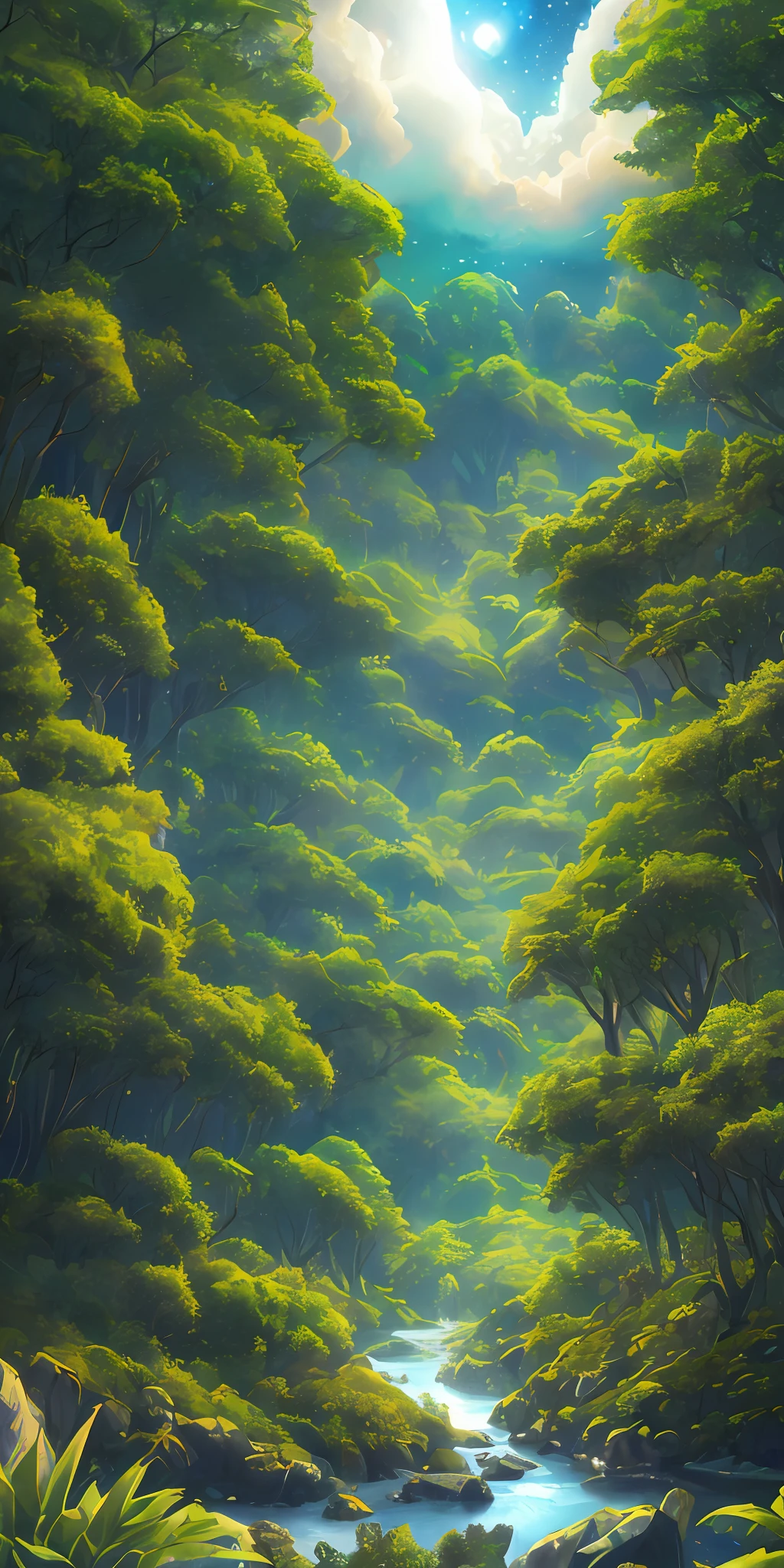 Illustration of a surreal, otherworldly, hyper sky scene including a giant crystal tree full body, highly detailed and magical lighting, intricate forest details, vegetation and surrounding river, solar punk, landscape, giant tree , beautiful green leaves, beautiful lighting and realistic proportions, as if this is a movie background, 8k, highest quality, masterpiece, clouds and stars in the sky.