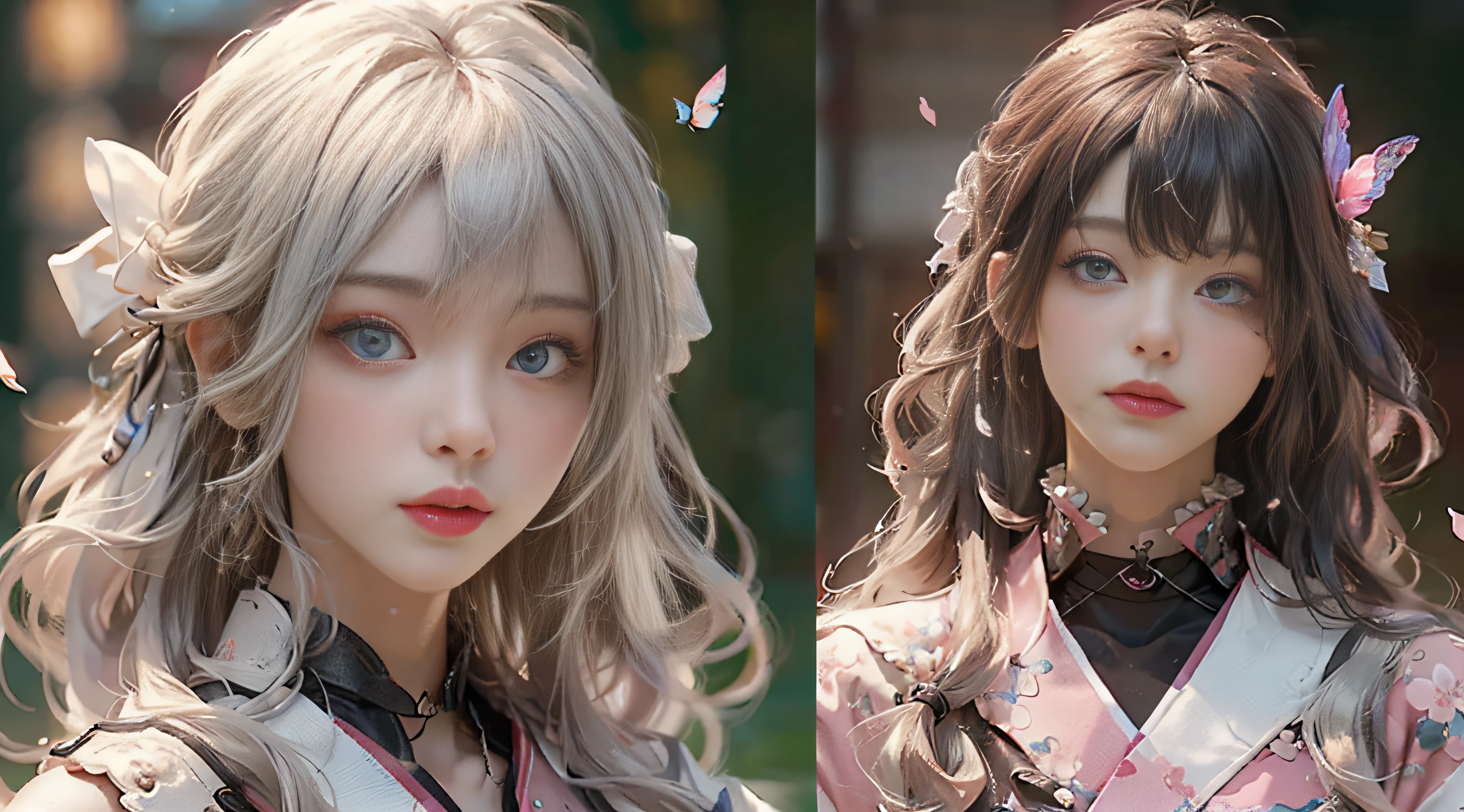 ((Best Quality)), ((Masterpiece)), (Detail: 1.4), 3D, Beautiful Cyberpunk Female Image, HDR (High Dynamic Range), Ray Tracing, NVIDIA RTX, Super Resolution, Unreal 5, Subsurface Scattering, PBR Texture, Post-Processing, Anisotropic Filtering, Depth of Field, Maximum Sharpness and Sharpness, Multi-layer Texture, Albedo and Highlight Mapping, Surface Coloring, Mitsu-Accurate Simulation of Material Interactions, Perfect Proportions, Octane Rendering, Two-color Light, Large Aperture, Low ISO, white balance, regular three-point, 8K RAW, beautiful bright pupils, flowing robe, fine pupils, delicate face and eyes, long eyelashes, blush, fluffy hair, pink lips, pure, cute, sweet girl, cherry blossom petals falling, butterflies, high-class sense