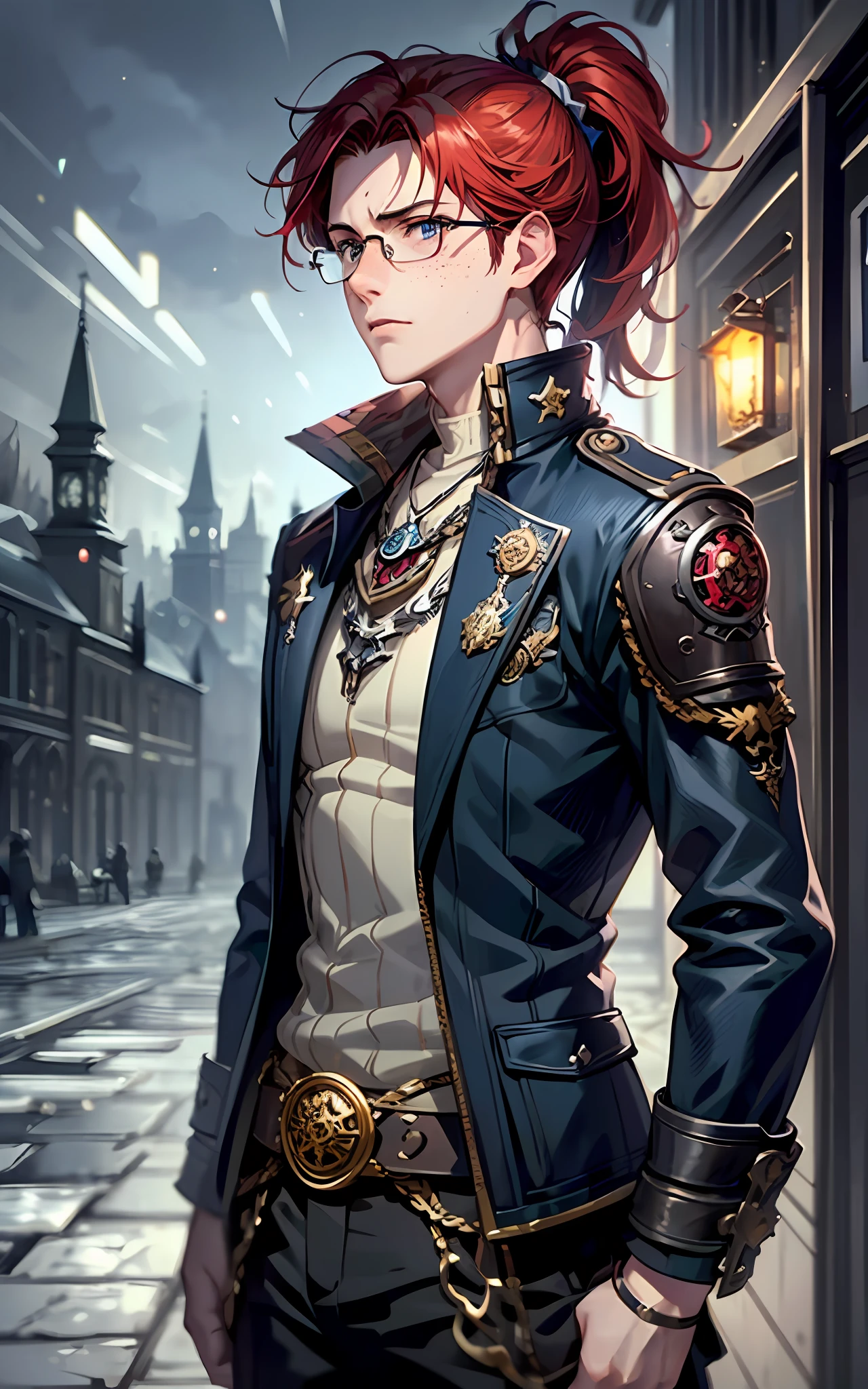 (mediun full shot:1.3),(/(darkest dungeon/) style:0.5),fantasy, dnd, (young guy, shy, tired:1.2), skinny, thin, male hairstyle, kingsglaive garb, wizard outfit, steampunk outfit,glasses, freckles, red hair, ponytail, blue eyes, steampunk, ((magic academy background)), white warm illumination, realistic anime artstyle