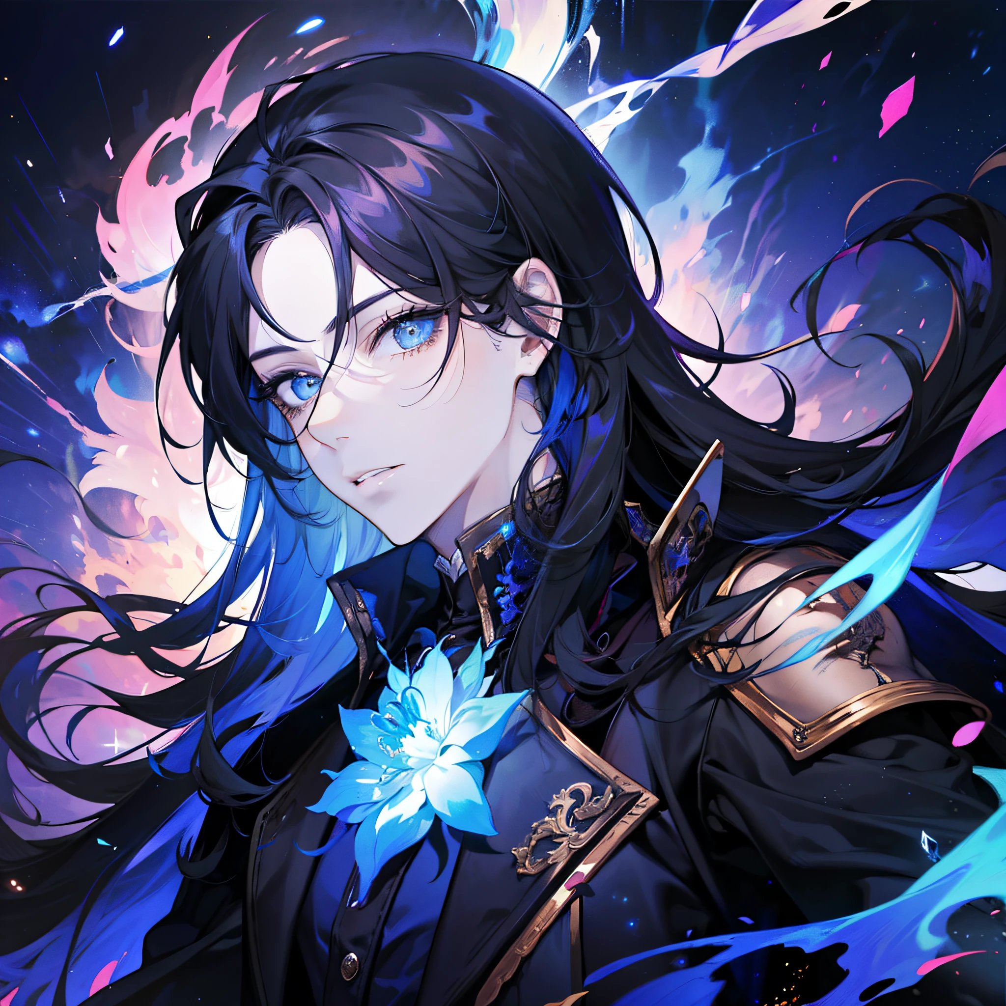 A boy, handsome, fair-skinned, resolute eyes, long flowing black hair, blue eyes, powerful, black dress, antique style, streamer surrounding, 8k, thunder, flame, colorful light, starry sky, cracked, milky way,