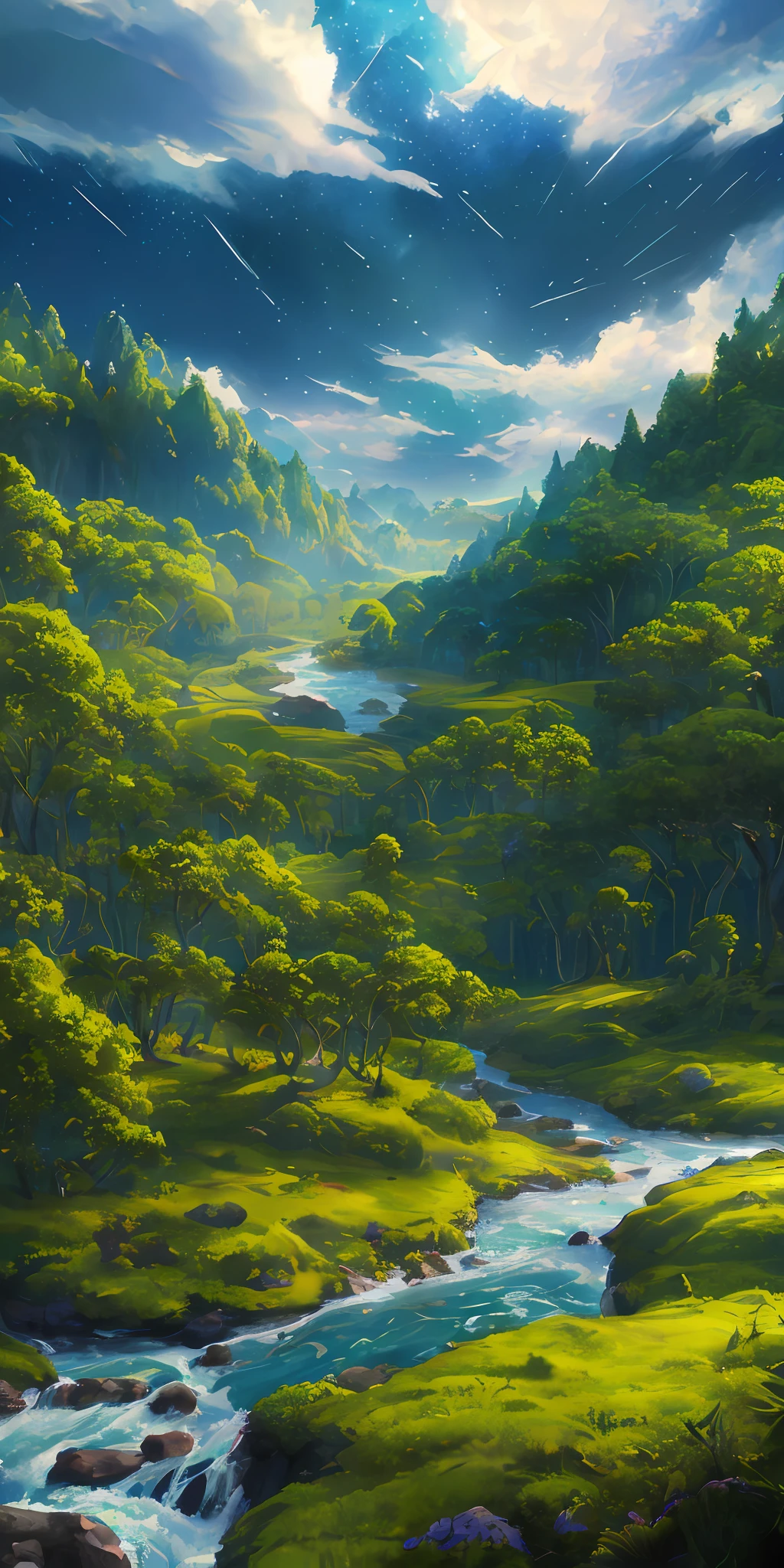 Illustration of a surreal, otherworldly, hyper sky scene including a giant crystal tree full body, highly detailed and magical lighting, intricate forest details, vegetation and surrounding river, solar punk, landscape, giant tree , beautiful green leaves, beautiful lighting and realistic proportions, as if this is a movie background, 8k, highest quality, masterpiece, clouds and stars in the sky.