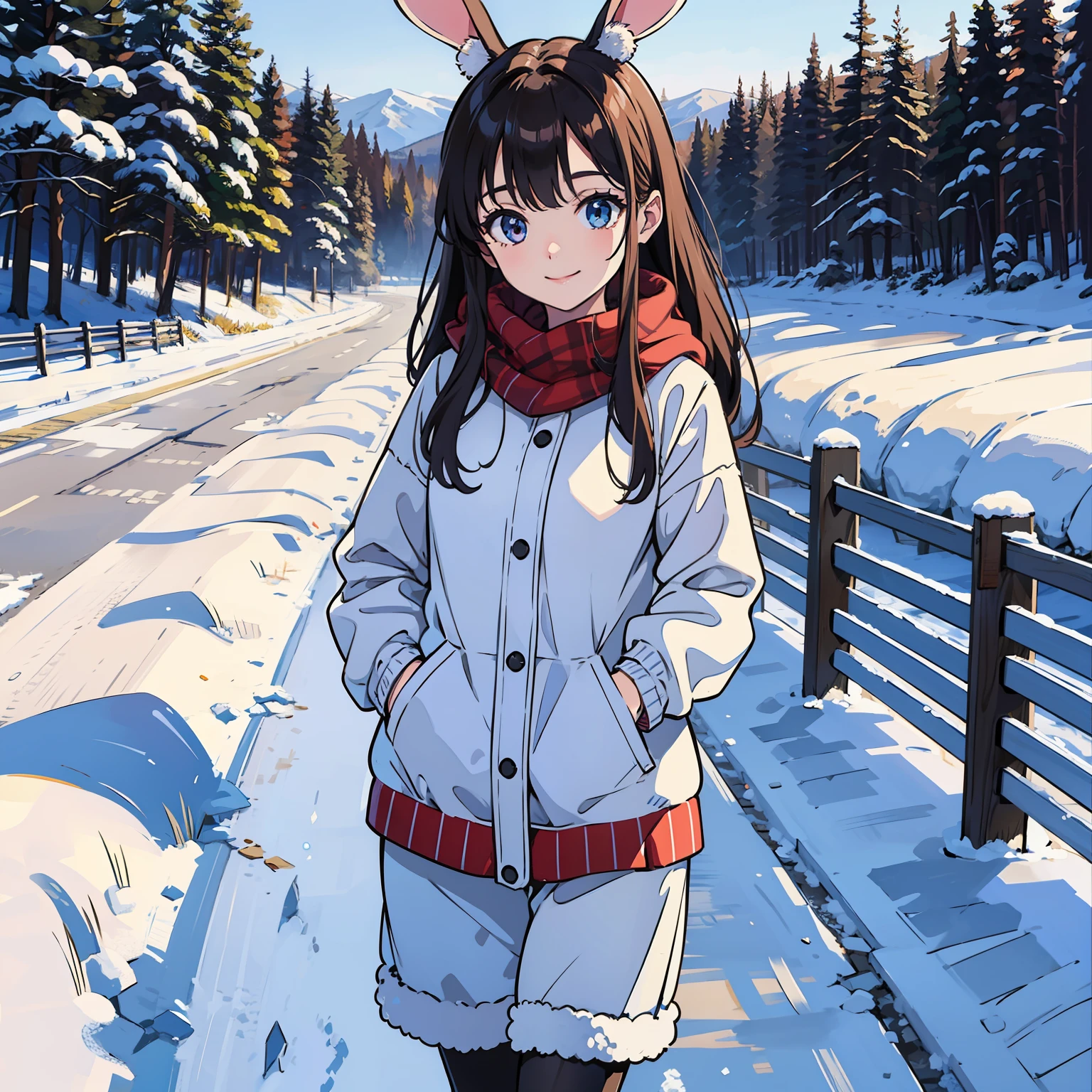Rabbit-eared girl walking on country road Snow country snow background smile