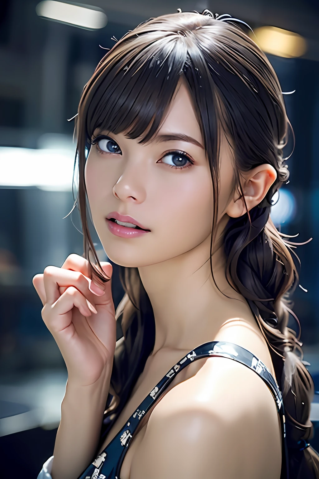 Ultra-detailed complex 3D rendering of the face, (Colossal: 7.8), (masterpiece, top quality, octane rendering, 8K), glamour shot full body image, very beautiful young elf, cleavage, (very detailed skin: 1.2), (exposure: 1.1), brown hair, (skewed silvery micro bikini, : 1.5)), one beautiful Caucasian woman, with full soft breasts and dark skin with big buttocks, Long braided hair, big breasts, dynamic angles, mystical expressions, ultra-realistic photos, ((((portrait))), bare feet, futuristic urban background, facial muscles, detailed and beautiful queen gold crown, in the style of Marvel Comics, ArtStation trends, clear focus, studio photography, intricate details, very detailed, detailed red eyes, very detailed, Sharp Focus, Digital Rendering, Professional, Abs, Dark Grey Background, ((((Sexy Pose))), Glossy Skin,