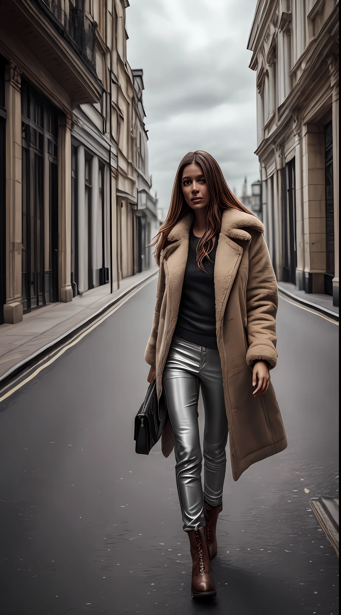 photo portrait, 1 woman, hair dyed blonde, tanned skin, 30 years, long hair, standing walking the streets of London by day, illuminated by daylight, cloudy, cold, autumn, London streets, brown eyes, wearing large white fur coat, white leather pants and white leather boot, bulky body, perfect body, photorealistic, photo, masterpiece, realistic, realism, photorealism, high contrast, photorealistic digital art trend on Artstation 8k HD high definition detailed realistic, detailed, skin texture, hyper detailed, realistic skin texture, armor, best quality, ultra high resolution, (photorealistic: 1.4), high resolution, detailed, raw photo, sharp re, by lee jeffries nikon d850 film stock photography 4 kodak camera portra 400 lens f1.6 rich colors hyper realistic texture realistic lighting Dramatic IrrealEngine trending on Artstation Cinestill 800, full body photo