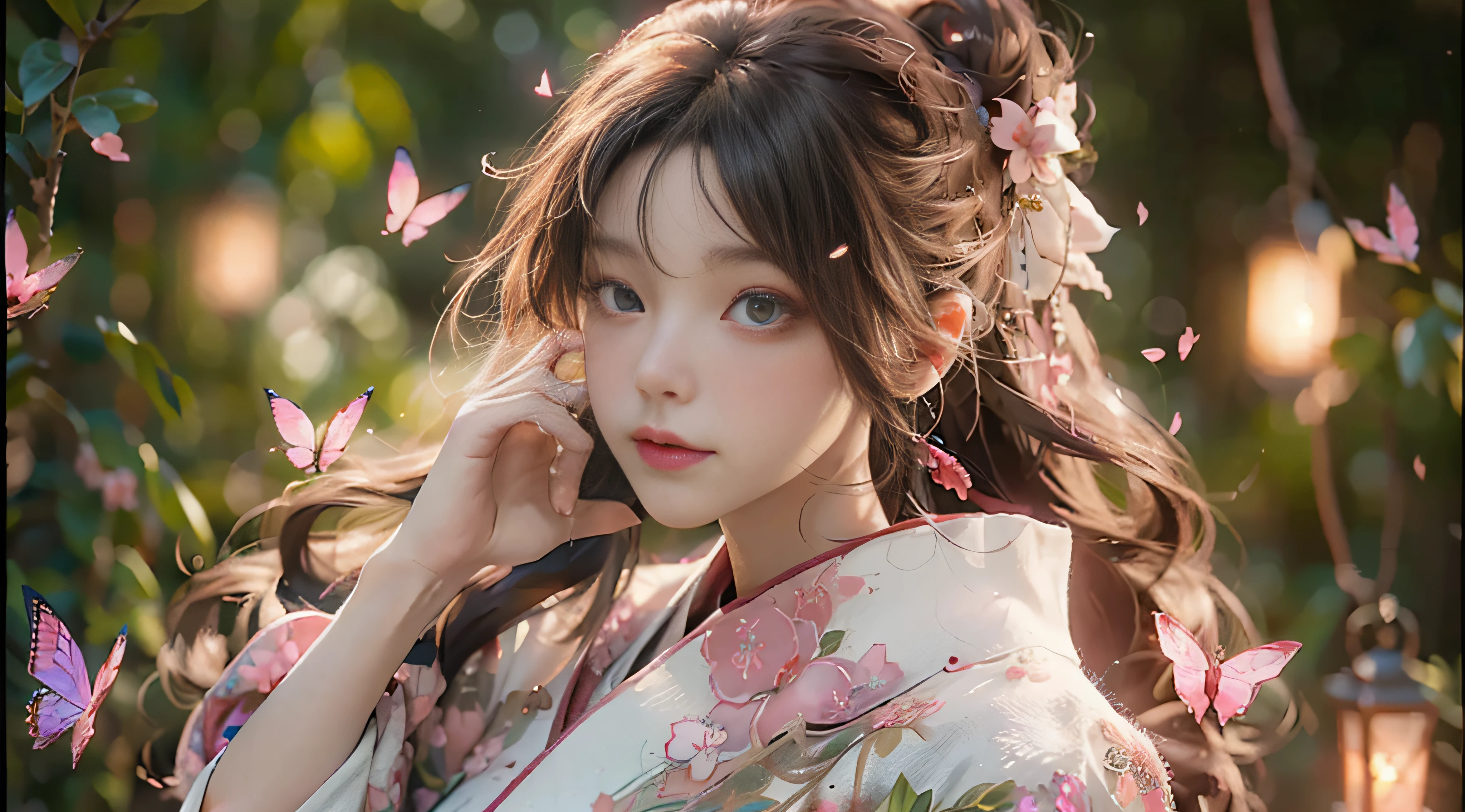 ((Best Quality)), ((Masterpiece)), (Detail: 1.4), 3D, Beautiful Cyberpunk Female Image, HDR (High Dynamic Range), Ray Tracing, NVIDIA RTX, Super Resolution, Unreal 5, Subsurface Scattering, PBR Texture, Post-Processing, Anisotropic Filtering, Depth of Field, Maximum Sharpness and Sharpness, Multi-layer Texture, Albedo and Highlight Mapping, Surface Coloring, Mitsu-Accurate Simulation of Material Interactions, Perfect Proportions, Octane Rendering, Two-color Light, Large Aperture, Low ISO, white balance, regular three-point, 8K RAW, beautiful bright pupils, flowing robe, fine pupils, delicate face and eyes, long eyelashes, blush, fluffy hair, pink lips, pure, cute, sweet girl, cherry blossom petals falling, butterflies, high-class sense