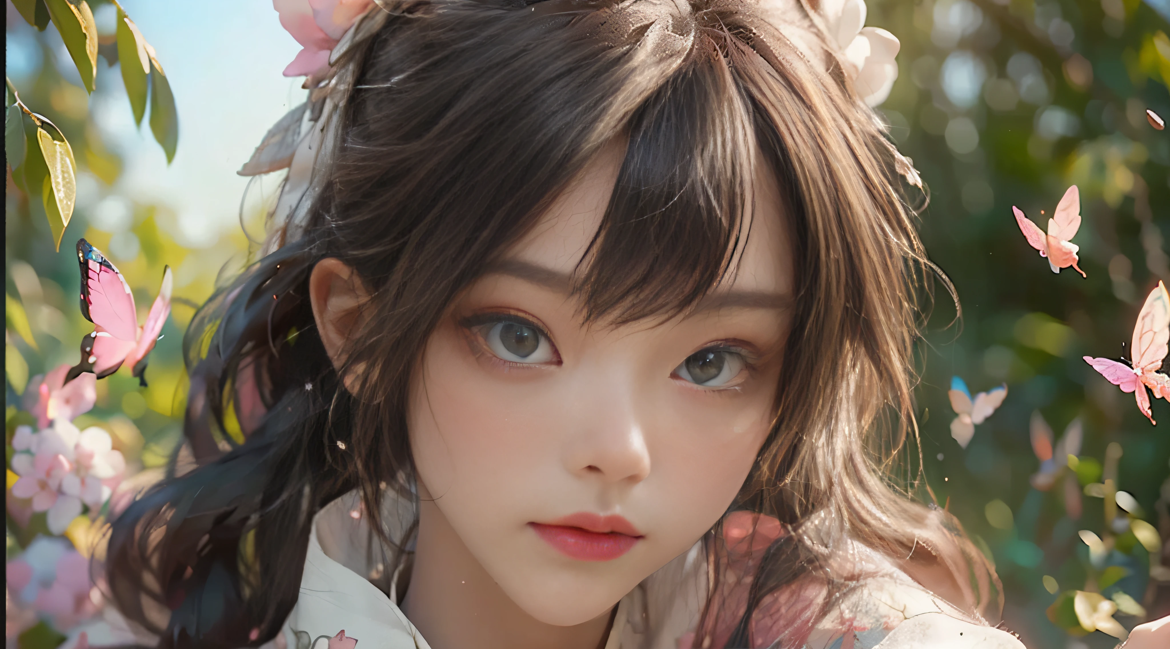 ((Best Quality)), ((Masterpiece)), (Detail: 1.4), 3D, Beautiful Cyberpunk Female Image, HDR (High Dynamic Range), Ray Tracing, NVIDIA RTX, Super Resolution, Unreal 5, Subsurface Scattering, PBR Texture, Post-Processing, Anisotropic Filtering, Depth of Field, Maximum Sharpness and Sharpness, Multi-layer Texture, Albedo and Highlight Mapping, Surface Coloring, Mitsu-Accurate Simulation of Material Interactions, Perfect Proportions, Octane Rendering, Two-color Light, Large Aperture, Low ISO, white balance, regular three-point, 8K RAW, beautiful bright pupils, flowing robe, fine pupils, delicate face and eyes, long eyelashes, blush, fluffy hair, pink lips, pure, cute, sweet girl, cherry blossom petals falling, butterflies, high-class sense