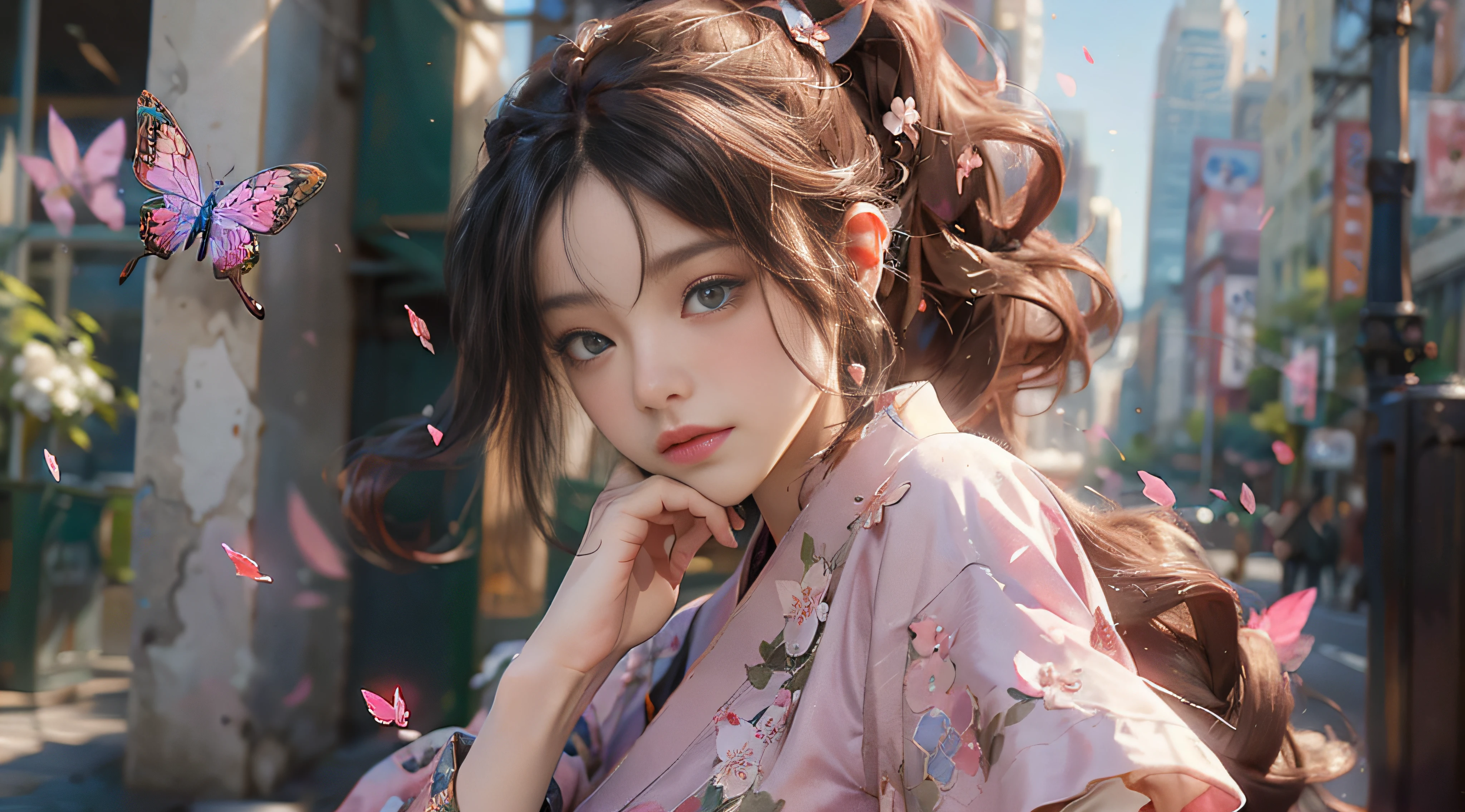 ((Best Quality)), ((Masterpiece)), (Detail: 1.4), 3D, Beautiful Cyberpunk Female Image, HDR (High Dynamic Range), Ray Tracing, NVIDIA RTX, Super Resolution, Unreal 5, Subsurface Scattering, PBR Texture, Post-Processing, Anisotropic Filtering, Depth of Field, Maximum Sharpness and Sharpness, Multi-layer Texture, Albedo and Highlight Mapping, Surface Coloring, Mitsu-Accurate Simulation of Material Interactions, Perfect Proportions, Octane Rendering, Two-color Light, Large Aperture, Low ISO, white balance, regular three-point, 8K RAW, beautiful bright pupils, flowing robe, fine pupils, delicate face and eyes, long eyelashes, blush, fluffy hair, pink lips, pure, cute, sweet girl, cherry blossom petals falling, butterflies, high-class sense