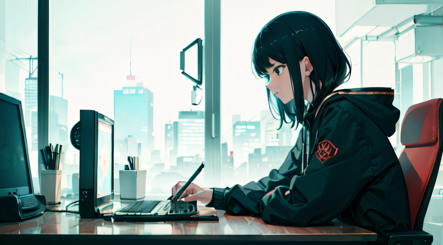 anime - style illustration of a woman sitting at a desk with a laptop and a computer monitor, lofi girl, lofi artstyle, lo-fi illustration style, lofi art, inspired by Liam Wong, cyberpunk art style, atey ghailan 8 k, lofi portrait, inspired by Atey Ghailan, in style of atey ghailan