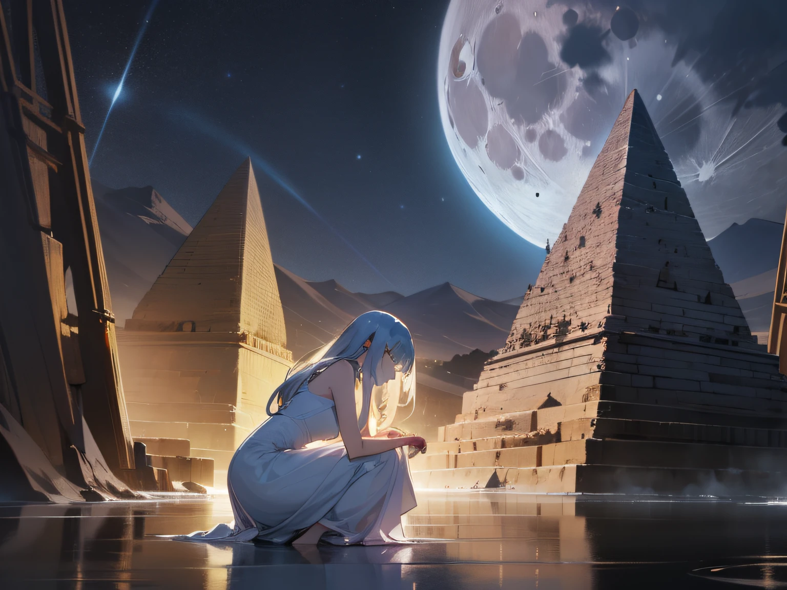 night, fantastic atmosphere, moonlit night, clear air, desert, pyramid, night, swaying hapyrus, dress, white dress, sad, crouching face tingling woman, big moon, river flowing