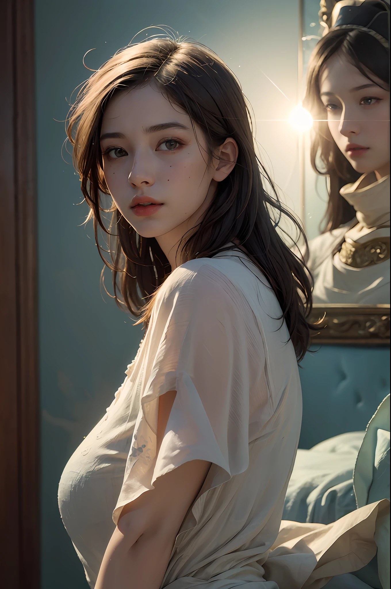 (RAW photo, best quality), (realistic, photo-realistic:1.3),best quality,highly detailed,masterpiece,ultra-detailed,illustration,1girl,upper_body,dynamic angle,world masterpiece theater,messy_long_hair,best quality,extremely detailed CG unity 8k wallpaper,ink,Amazing,cinematic lighting,lens_flare,,dunhuang_style