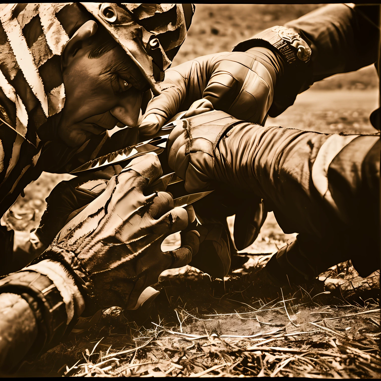 (Freddy Krueger fighting in Afghanistan), claws on hands,(blades instead of fingers), photograph, 35 mm, realistic, sepia --auto