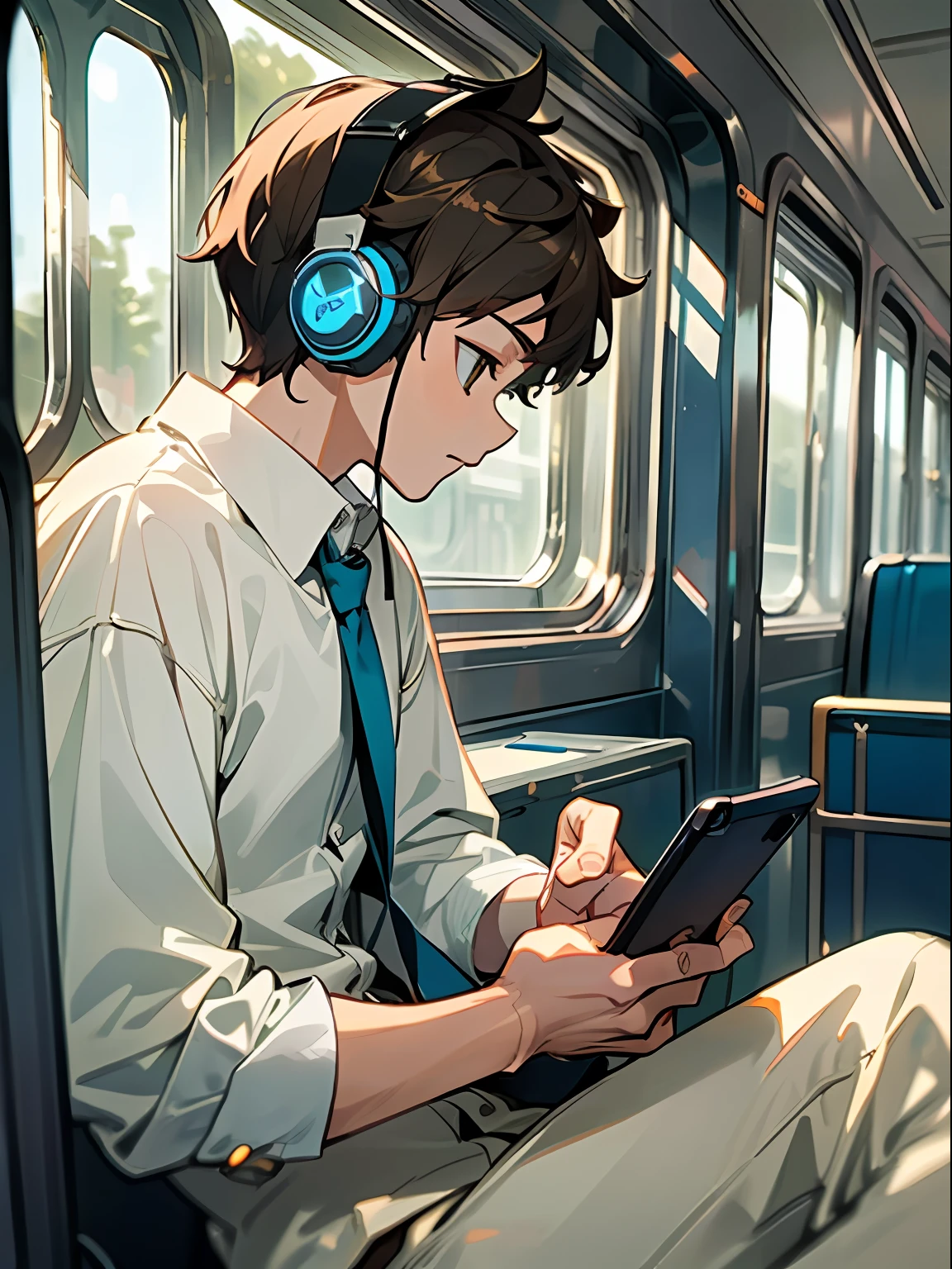 Masterpiece, ((Best Quality)), (Ultra Detailed), Color Aberration, Half // (Boy: 1.1), Train, Carriage, Headphones, White Shirt, Suitcase, Brunette ,// Boy sitting in carriage, leaning back in seat, wearing blue headphones, looking down and playing with his phone