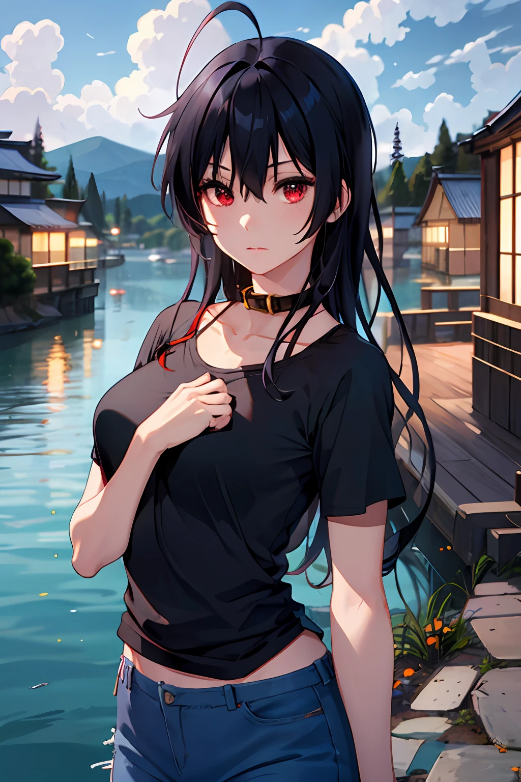 takanashi toka, highres, highest quallity, illustration,  ultra detailed, (detailed face), (detailed eyes), soft lighting, best quality, hyper detailed, masterpiece, 1girl, solo, long hair, black hair, red eyes, cowlick, collar, black t-shirt, denim, jeans, luminous eyes, medium breasts, (colorful), upper body, Waterview, lake, bridge, village in distance, japan, clouds, sky