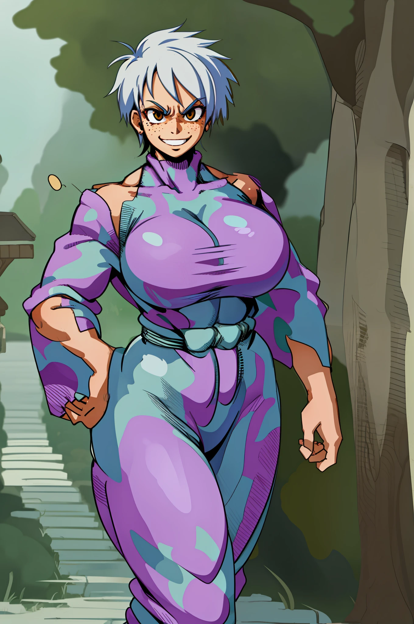 huge chest, tall woman, silver hair curved, short hair, tomboy, freckles, portrait,1character, full body,1girl, tall female, solo, solo focus, portrait, walking, warior,, martial art, smile, smug