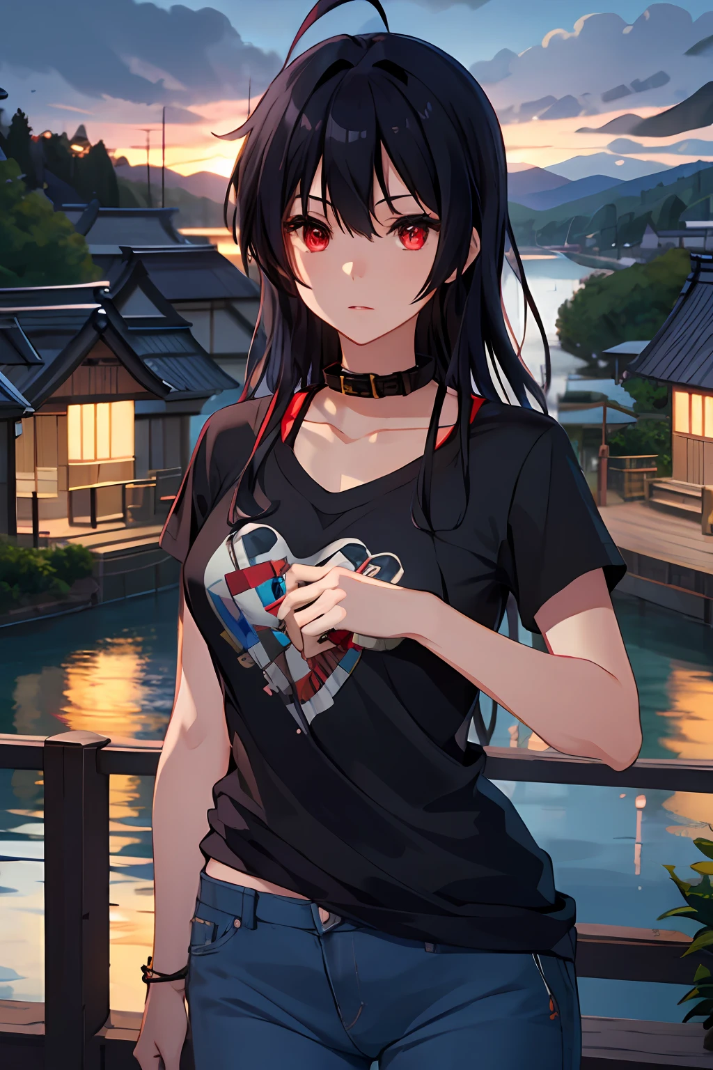 takanashi toka, highres, highest quallity, illustration,  ultra detailed, (detailed face), (detailed eyes), soft lighting, best quality, hyper detailed, masterpiece, 1girl, solo, long hair, black hair, red eyes, cowlick, collar, black t-shirt, denim, jeans, luminous eyes, medium breasts, (colorful), upper body, Waterview, lake, bridge, village in distance, japan, clouds, sky