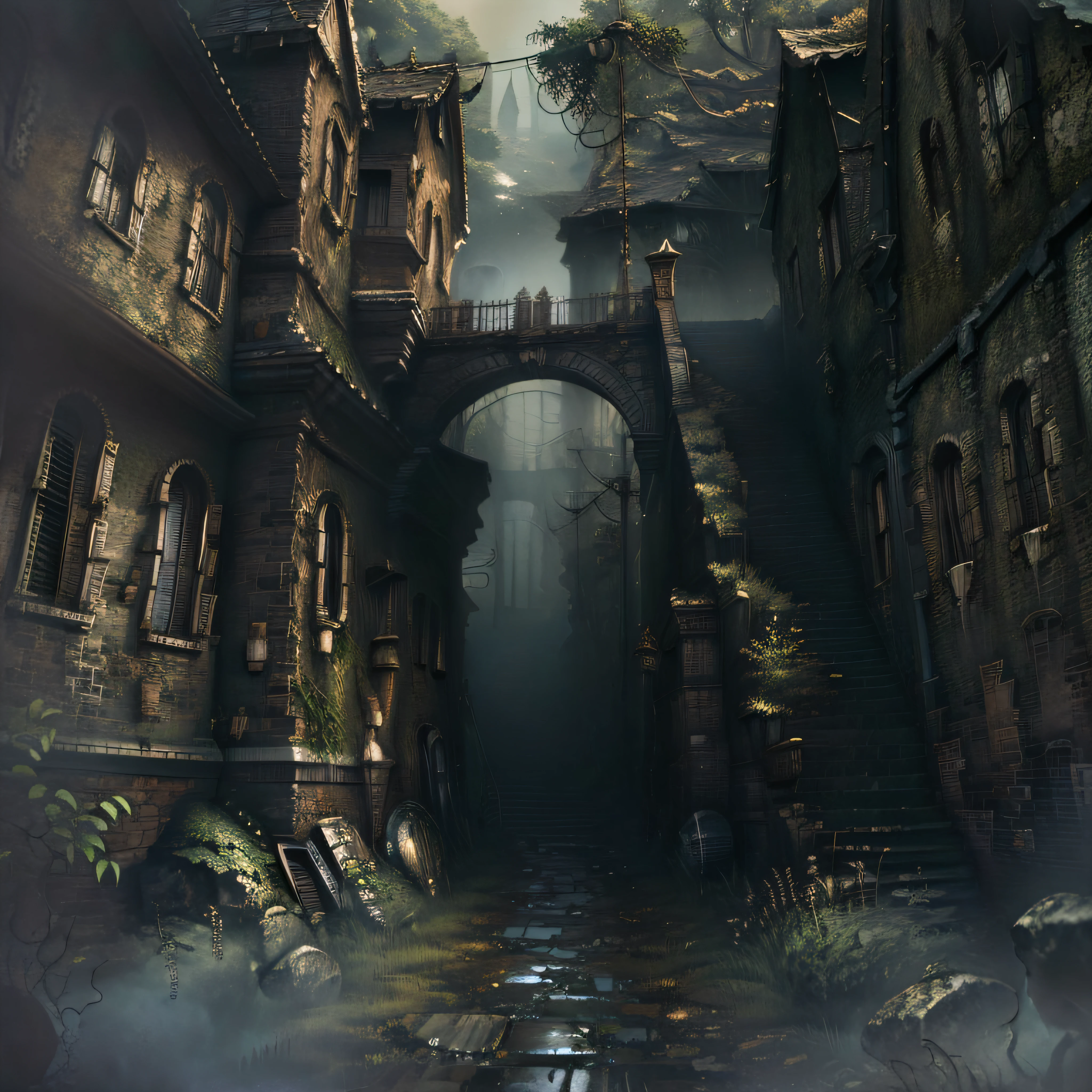 There is a brick staircase, misty alleys, green alley, a long staircase, in the middle of nature fully covered, misty alley, dense with vegetation, rainy and gloomy atmosphere, covered with vegetation, day after rain, green alleys, walls are covered with vines, in the rain in the early evening, hedges, just after the rain
