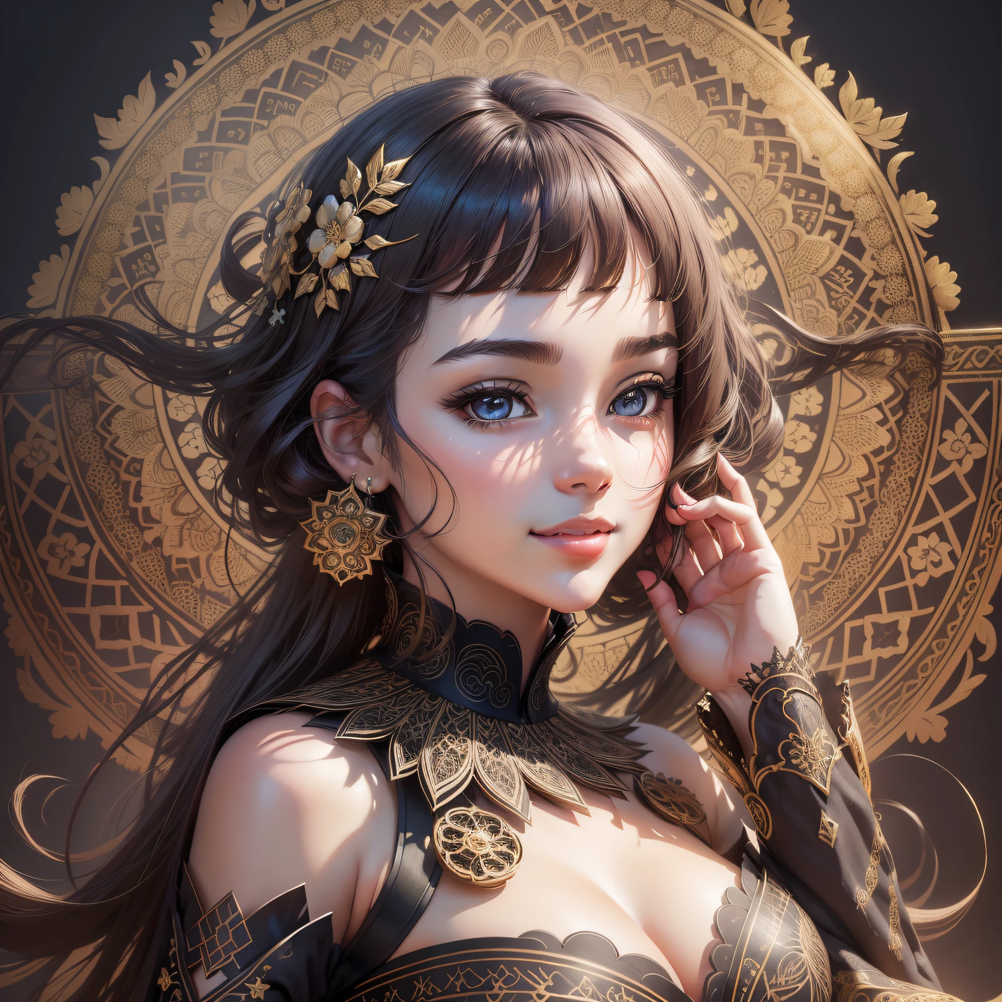 Masterpiece, best quality, young beautiful girl, super detailed, official art, Unity 8k wallpaper, seductive smile, paper cut art, (layered silhouette): 1.2, intricate patterns, exquisite craftsmanship, shadow puppetry, depth and dimension, creativity, expression