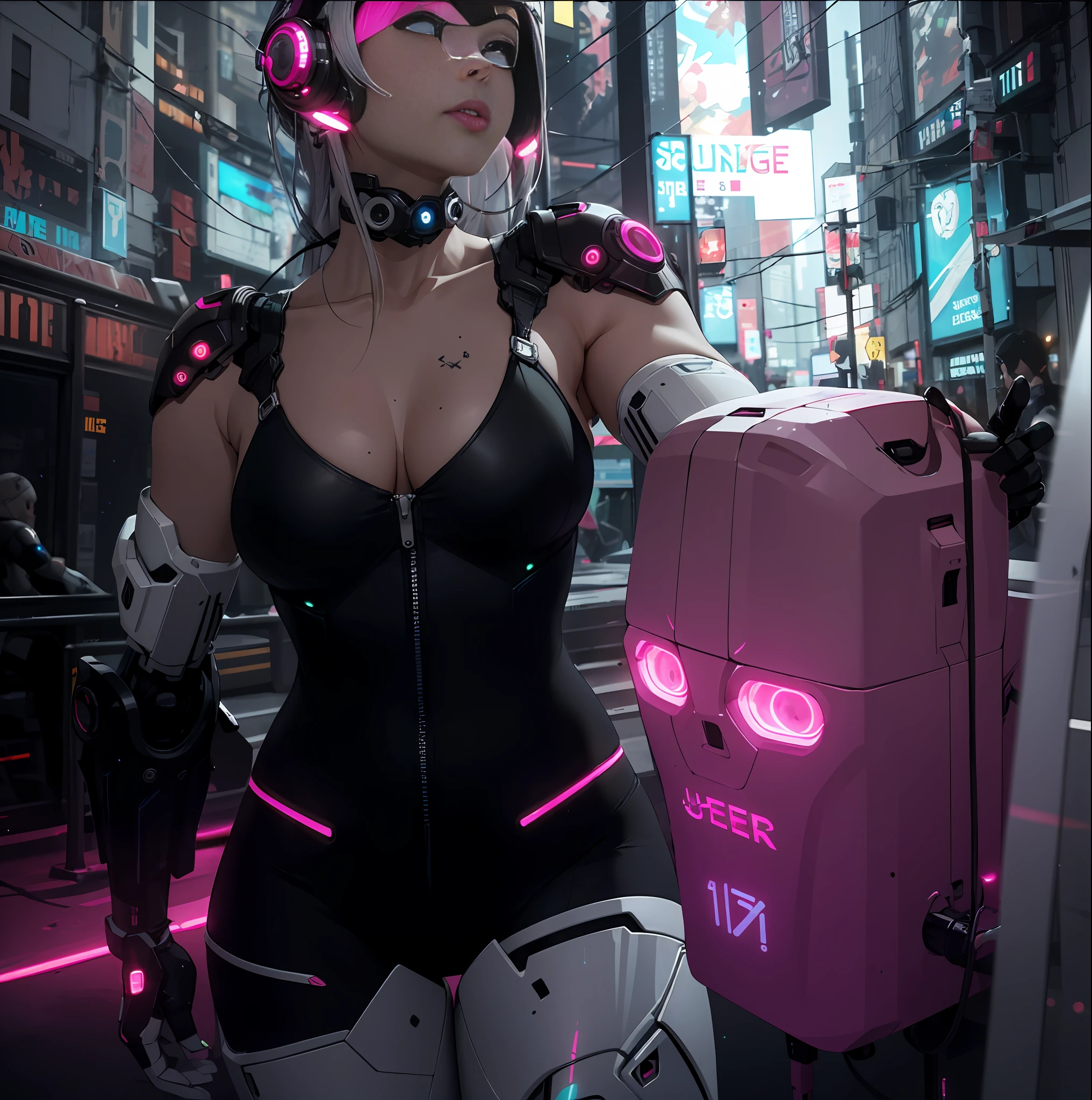absurdres, highres, reflection, refraction:1.4, ultra detailed:1.4, (photorealistic:1.4, ultra high res, RAW photo), BREAK (cyberpunk:1.3), Android, robot_girl, silver hair, beautiful face with cool expression, In the dark decaying ruins, (super wide angle:1.4), shot from below BREAK ((neon lighting, vibrant glow, dynamic colors, striking contrast, futuristic vibe, electric energy, reflective surfaces))