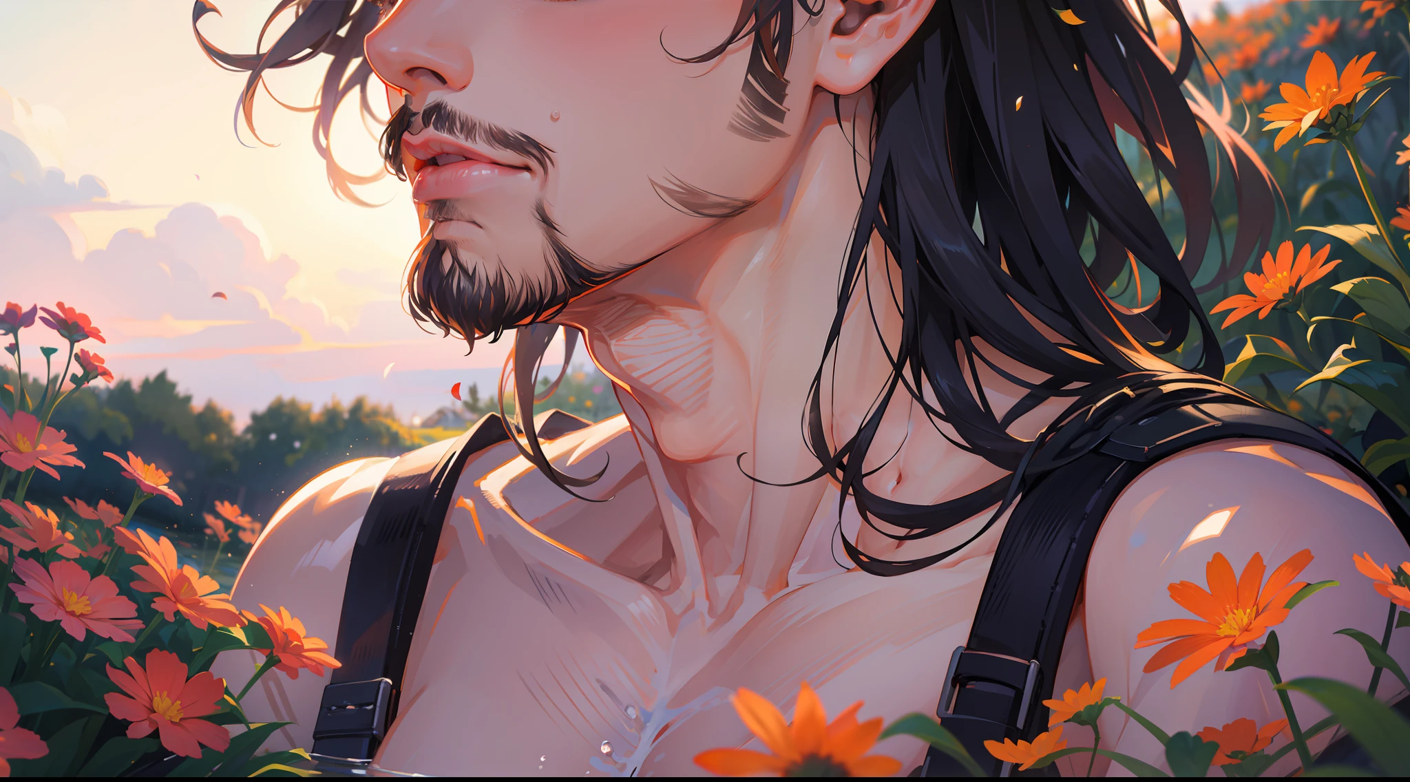 muscular, sitting, undercut, facial hair, flower field,water, depth of field,dusk sky