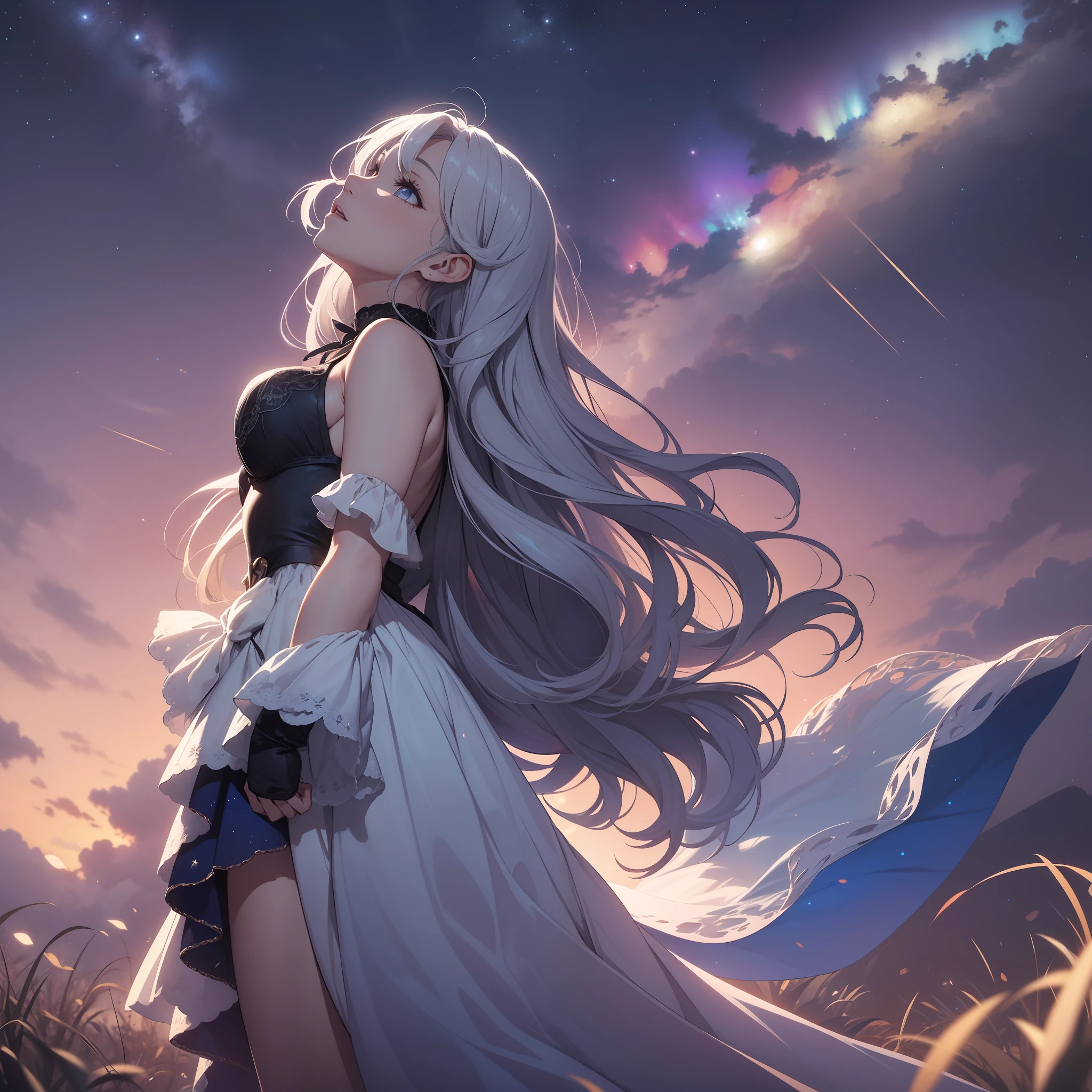 Create an image of a woman looking up at the night sky seeing a comet falling, with a detailed description."
The scene is of a woman looking up at the night sky, with a blue comet falling on the horizon. The comet leaves a bright trail across the sky, creating an impressive spectacle. The woman is standing in an open field, looking up with admiration and fascination. She seems to have turned her head to keep up with the comet, and her hair dangles in the wind around her face.
The woman's face is detailed and expressive. She has large, bright eyes, with long eyelashes and arched eyebrows. His nose is small and snug, and his lips are thin and rosy. She has an expression of wonder and wonder on her face, her eyes wide and her mouth slightly open. Her hair is long and wavy, with locks falling around her face and shoulders. The hair is dark, with bright reflections that reflect the light of the comet.
The woman is wearing a long, loose dress, with a pale color that contrasts with the night sky. She has an erect and elegant posture, with her arms extended upwards in a gesture of admiration. The scene is illuminated by the bright light of the comet, which creates deep shadows on its face and body.
The medium used would be digital painting with realistic art techniques and a touch of fantasy, to create the authentic and detailed appearance of the woman watching the comet.