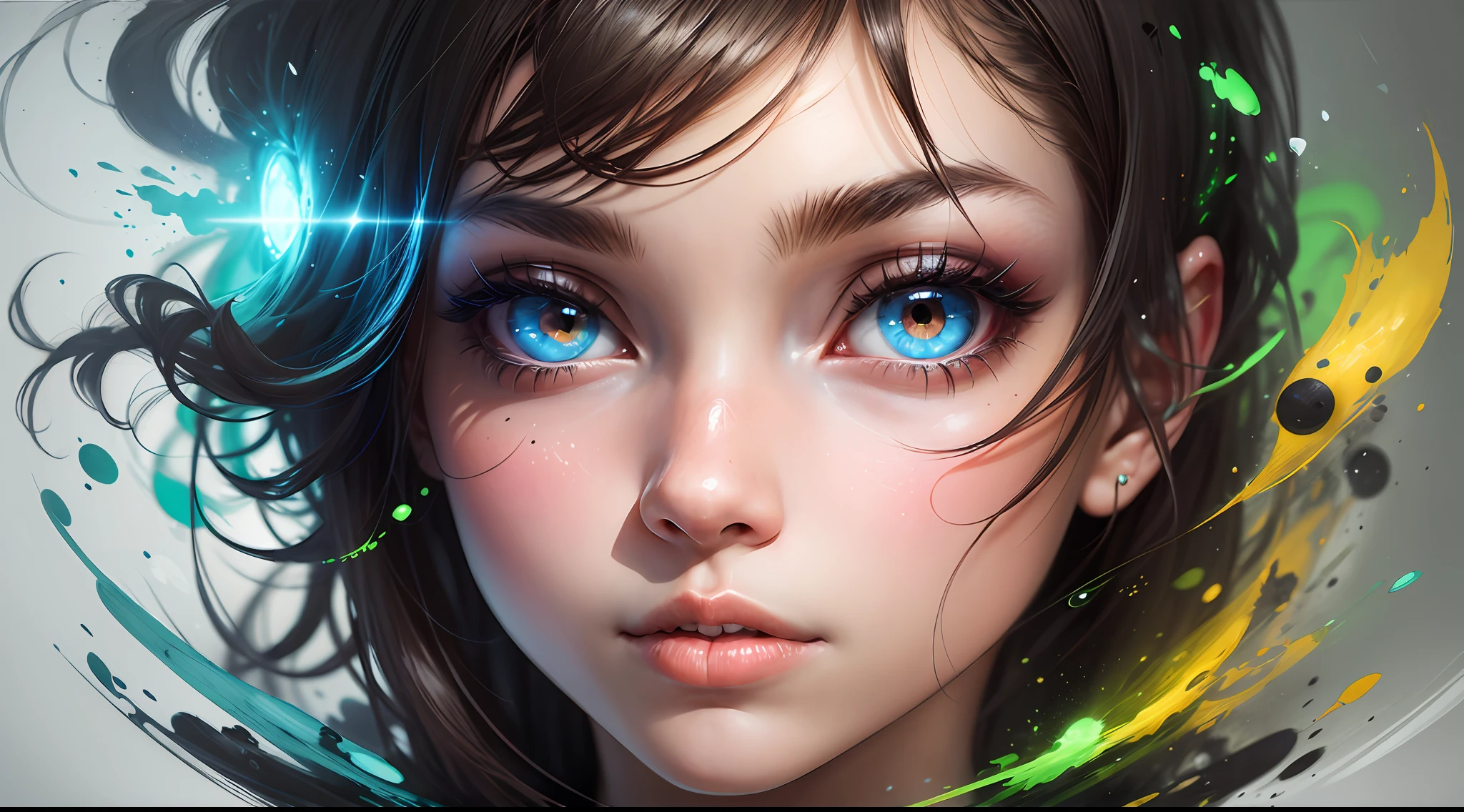 girl,radioactive glow, abstract art, focus on character, eyes with reflection