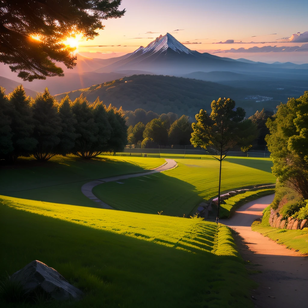 mountain, lawn, sunset, trees --auto