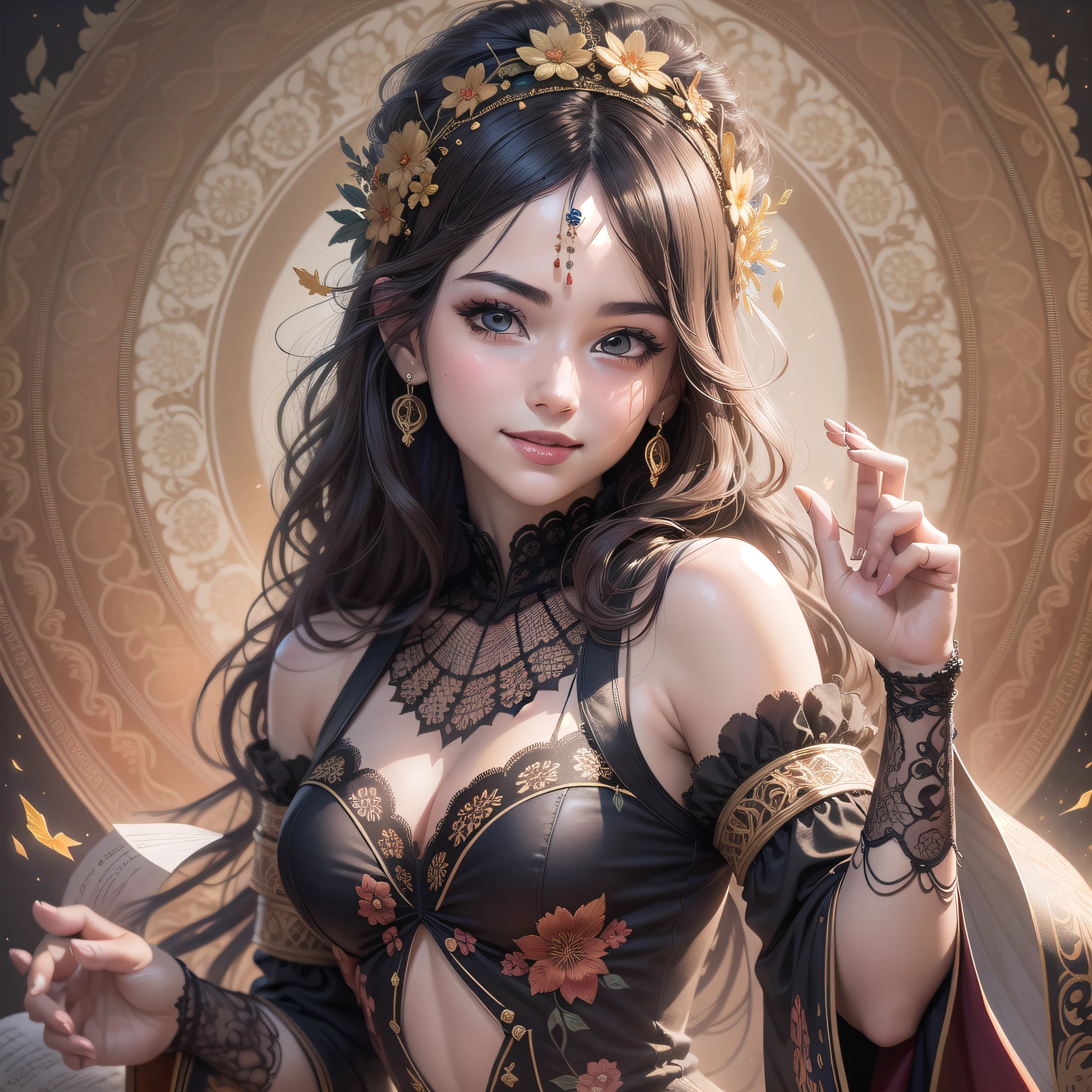 Masterpiece, best quality, young beautiful girl, super detailed, official art, Unity 8k wallpaper, seductive smile, paper cut art, (layered silhouette): 1.2, intricate patterns, exquisite craftsmanship, shadow puppetry, depth and dimension, creativity, expression