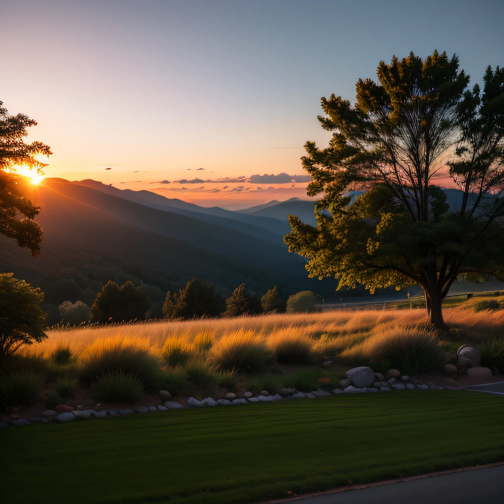 mountain, lawn, sunset, trees --auto