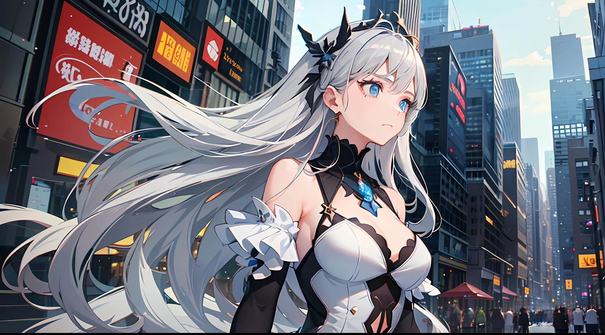 1girl, (fluffy silver long hair: 1.6), dress, mature and beautiful, rich and noble, on the city street, disdainful expression, high and cold expression, looking at the audience, showing a delicate and slender body and graceful curves, correct and reasonable limbs, ultra-detailed CG, delicate facial features, clear facial expressions, detailed digital animation art, digital animation art, high-quality animation art style