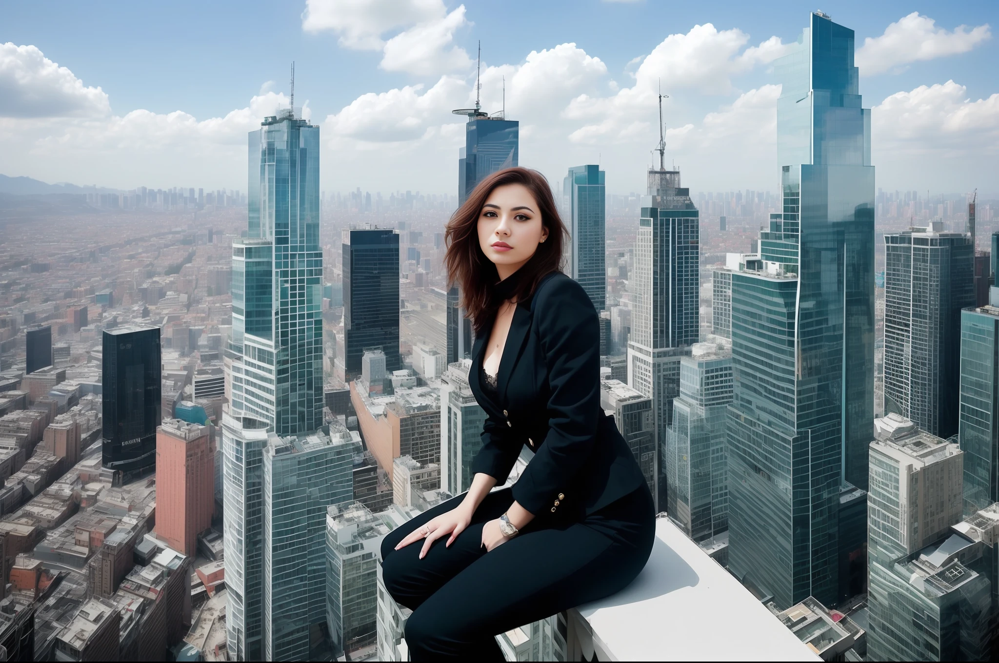 sexy women, in the city, in a cybercity, perched on a skyscraper --auto