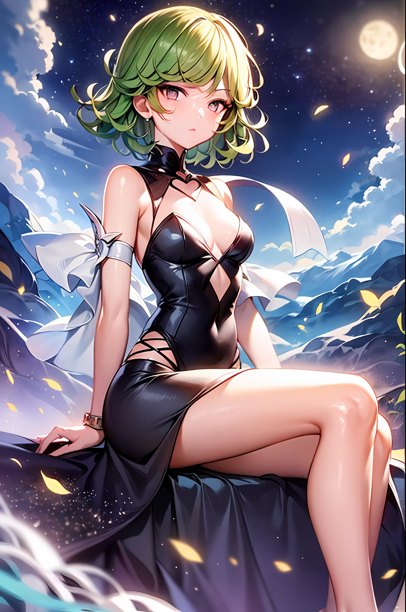 Horror of Tatsumaki, Best Quality, Best Image Quality, Concept Art, Beautiful Girl, Full Body, Small Breasts, Short Hair, Dress, Seating, Wilderness, Night, Starry Sky, Dream, Rainbow, Hope, Dynamic Composition, Looking Far Away, Hands Drawn Correctly, Dynamic Composition