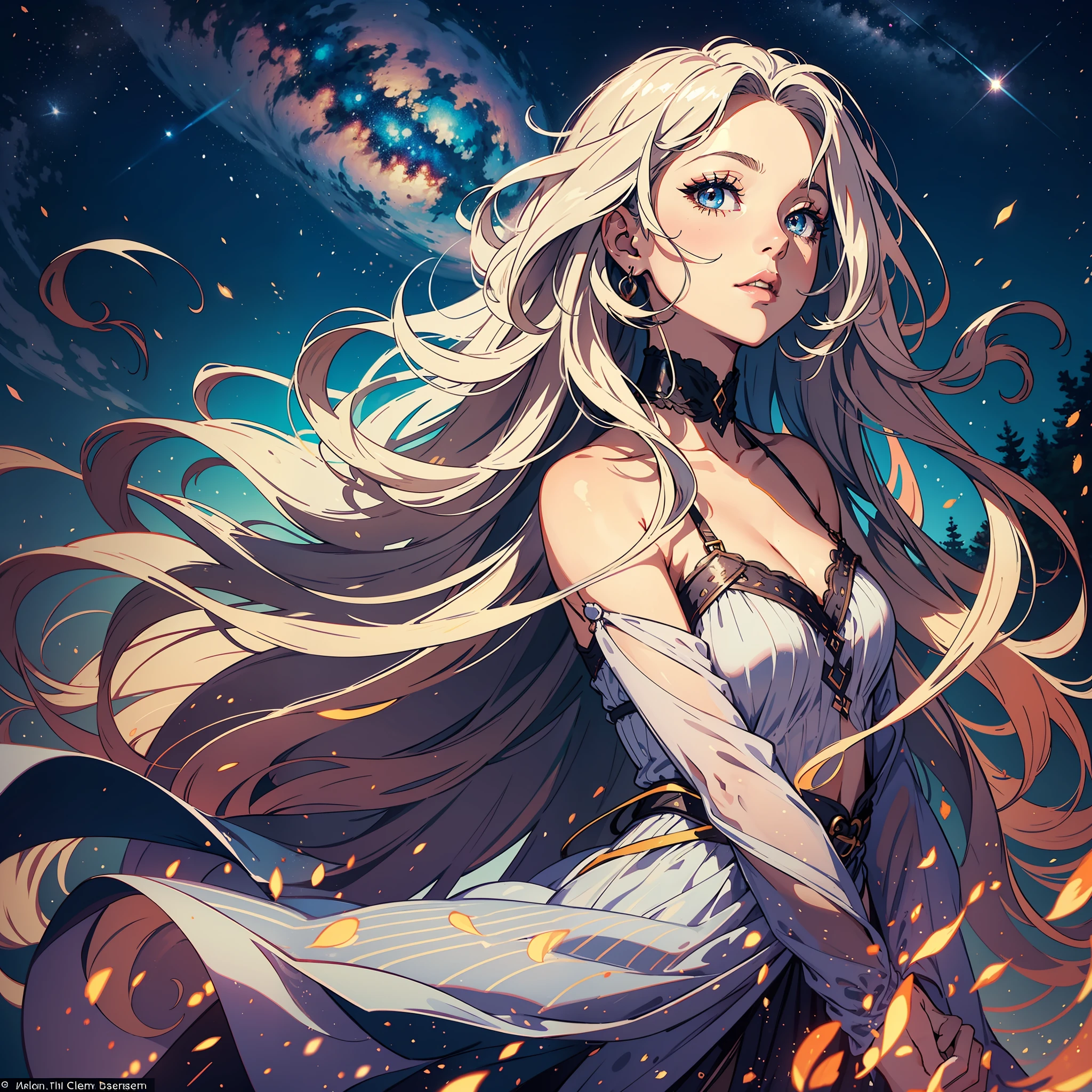 Create an image of a woman looking up at the night sky seeing a comet falling, with a detailed description."
The scene is of a woman looking up at the night sky, with a blue comet falling on the horizon. The comet leaves a bright trail across the sky, creating an impressive spectacle. The woman is standing in an open field, looking up with admiration and fascination. She seems to have turned her head to keep up with the comet, and her hair dangles in the wind around her face.
The woman's face is detailed and expressive. She has large, bright eyes, with long eyelashes and arched eyebrows. His nose is small and snug, and his lips are thin and rosy. She has an expression of wonder and wonder on her face, her eyes wide and her mouth slightly open. Her hair is long and wavy, with locks falling around her face and shoulders. The hair is dark, with bright reflections that reflect the light of the comet.
The woman is wearing a long, loose dress, with a pale color that contrasts with the night sky. She has an erect and elegant posture, with her arms extended upwards in a gesture of admiration. The scene is illuminated by the bright light of the comet, which creates deep shadows on its face and body.
The medium used would be digital painting with realistic art techniques and a touch of fantasy, to create the authentic and detailed appearance of the woman watching the comet.