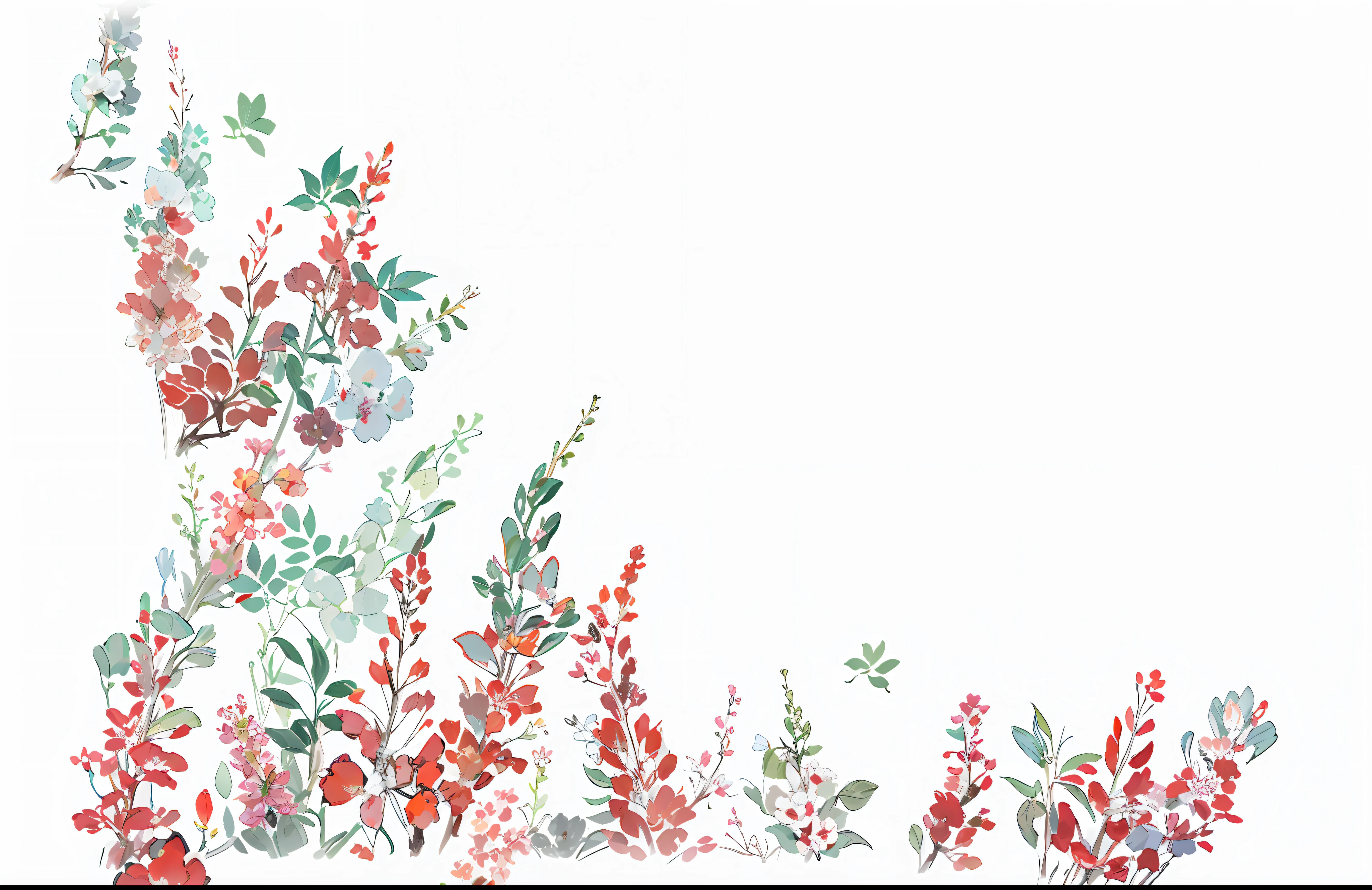 there is a picture of a flower arrangement with red flowers, botanical background, green and red plants, red blooming flowers, fine background proportionate, floral painted backdrop, flower background, japanese related with flowers, red flowers, stylized border, floral environment, flowers and foliage, floral background, delicate garden on paper, chinese watercolor style, white border and background