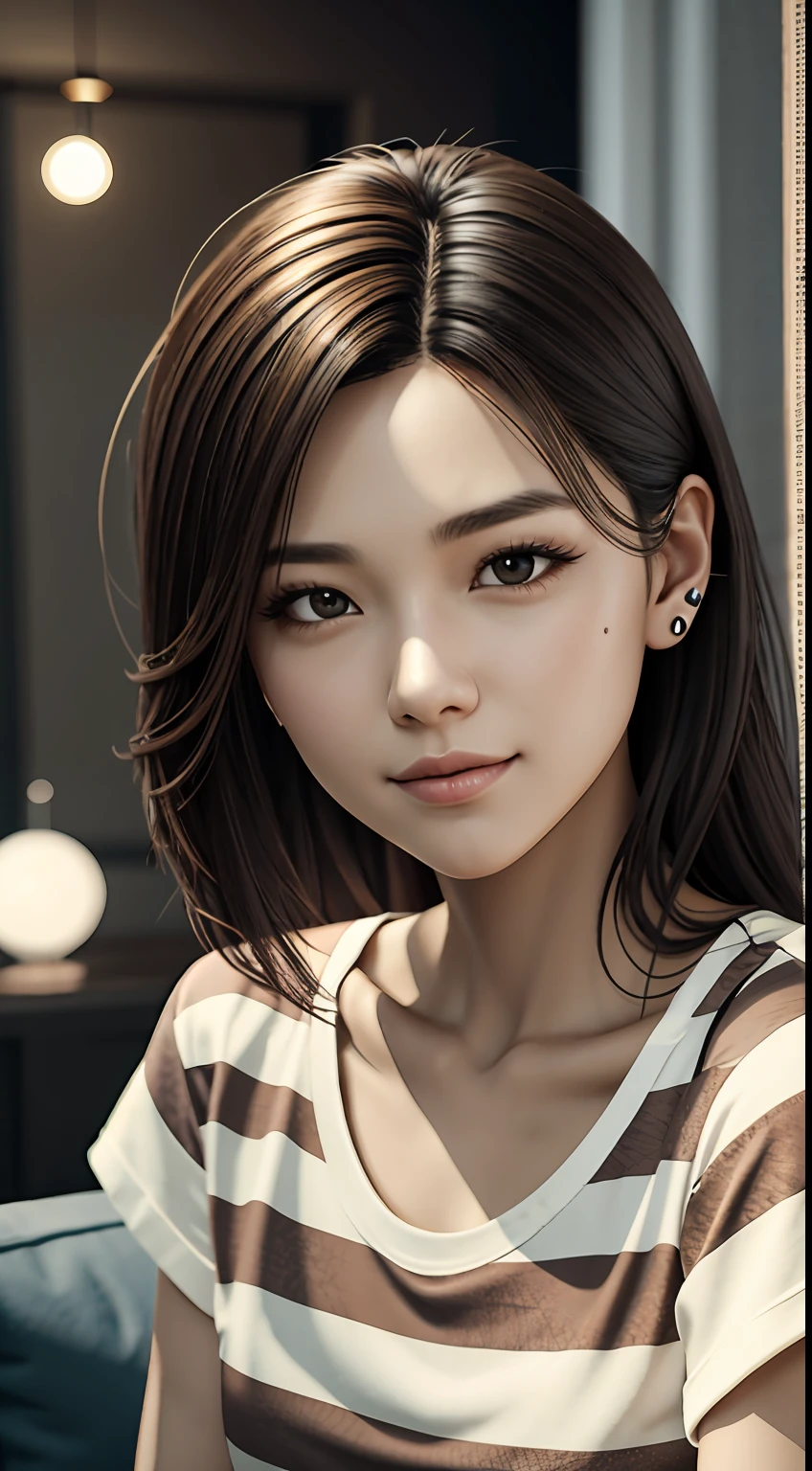 [25-year-old female],[face: round], [eyes: almond eye shape, brown color, thick and curved eyebrow shape], [Nose: Sticky shape, small hole], [Mouth: thick lip shape, Neat teeth], [Chin: Tyre chin shape, Sunken chin], [Hair: Long hairstyle, black color,], [Ears: Small ear shape], [skin: white skin color, Smooth skin texture], [Facial expression: smile], [Activity: Sitting on the sofa in the living room],
[Top clothes: T-shirt, brown color, plaid pattern, delicate texture, casual wear style, folded clothing design, well-maintained clothing condition]
Professional photograph of a stunning woman detailed, cinematic lightning, octane render, unreal engine, volumetrics dtx