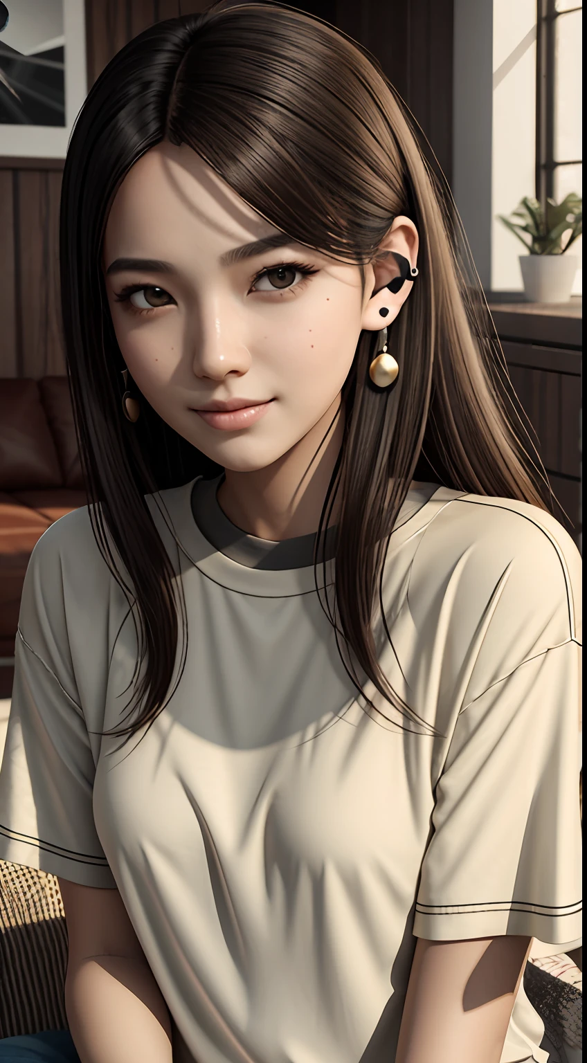 [25-year-old female],[face: round], [eyes: almond eye shape, brown color, thick and curved eyebrow shape], [Nose: Sticky shape, small hole], [Mouth: thick lip shape, Neat teeth], [Chin: Tyre chin shape, Sunken chin], [Hair: Long hairstyle, black color,], [Ears: Small ear shape], [skin: white skin color, Smooth skin texture], [Facial expression: smile], [Activity: Sitting on the sofa in the living room],
[Top clothes: T-shirt, brown color, plaid pattern, delicate texture, casual wear style, folded clothing design, well-maintained clothing condition]
Professional photograph of a stunning woman detailed, cinematic lightning, octane render, unreal engine, volumetrics dtx