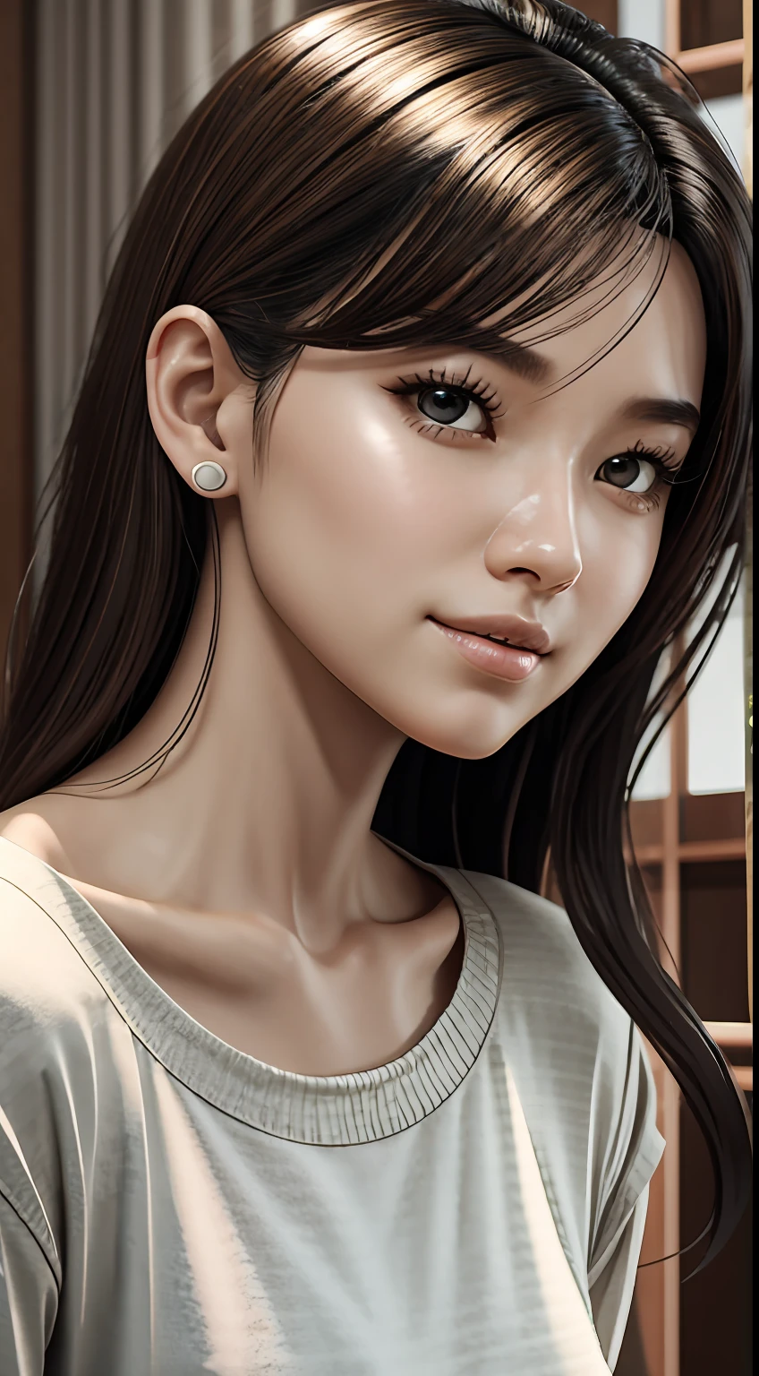 [25-year-old female],[face: round], [eyes: almond eye shape, brown color, thick and curved eyebrow shape], [Nose: Sticky shape, small hole], [Mouth: thick lip shape, Neat teeth], [Chin: Tyre chin shape, Sunken chin], [Hair: Long hairstyle, black color,], [Ears: Small ear shape], [skin: white skin color, Smooth skin texture], [Facial expression: smile], [Activity: Sitting on the sofa in the living room],
[Top clothes: T-shirt, brown color, plaid pattern, delicate texture, casual wear style, folded clothing design, well-maintained clothing condition]
Professional photograph of a stunning woman detailed, cinematic lightning, octane render, unreal engine, volumetrics dtx