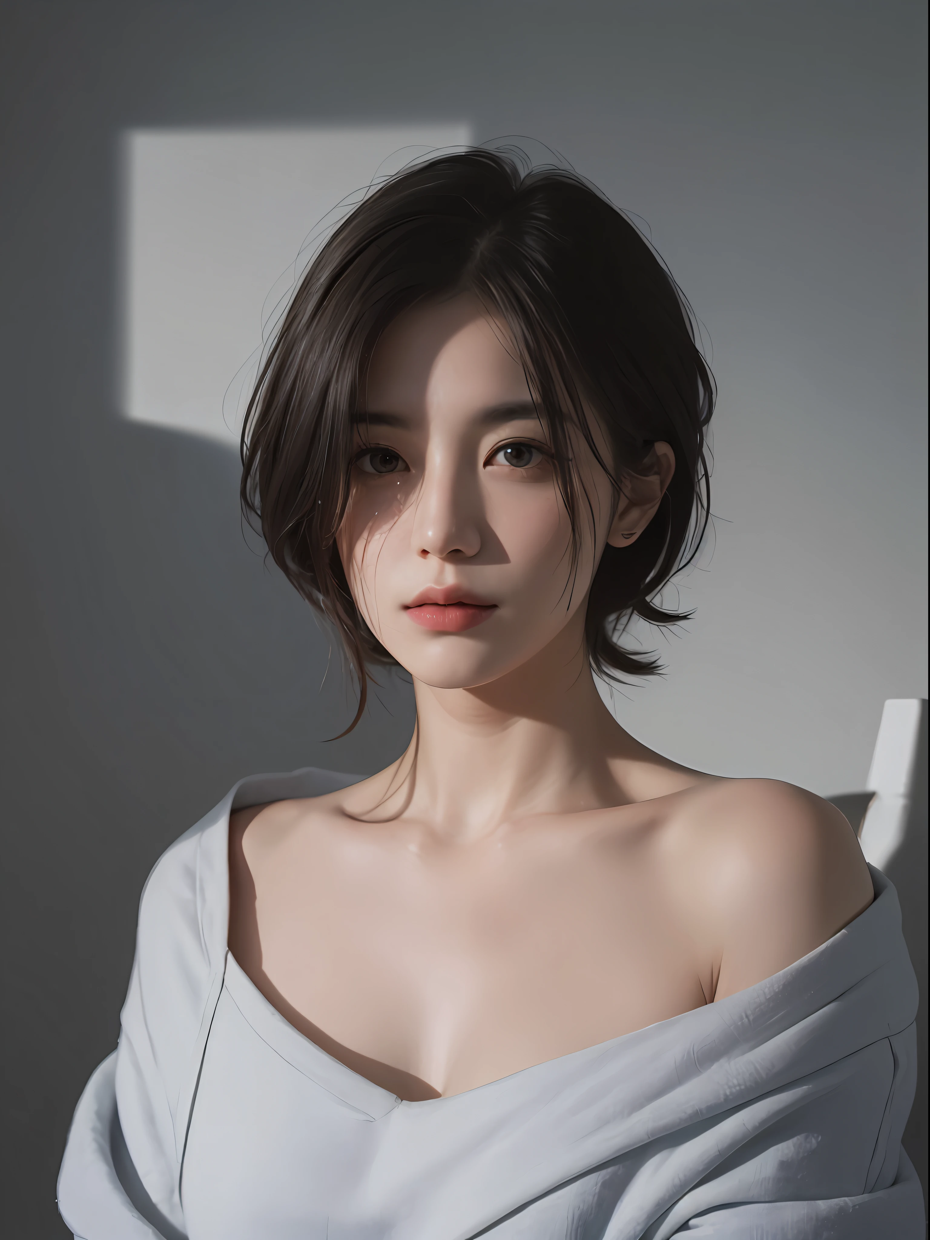 Best quality, masterpiece, ultra high res, (photorealistic:1.5), raw photo, 1girl, offshoulder, in the dark, deep shadow, low key, cold light, sexy look, short hair