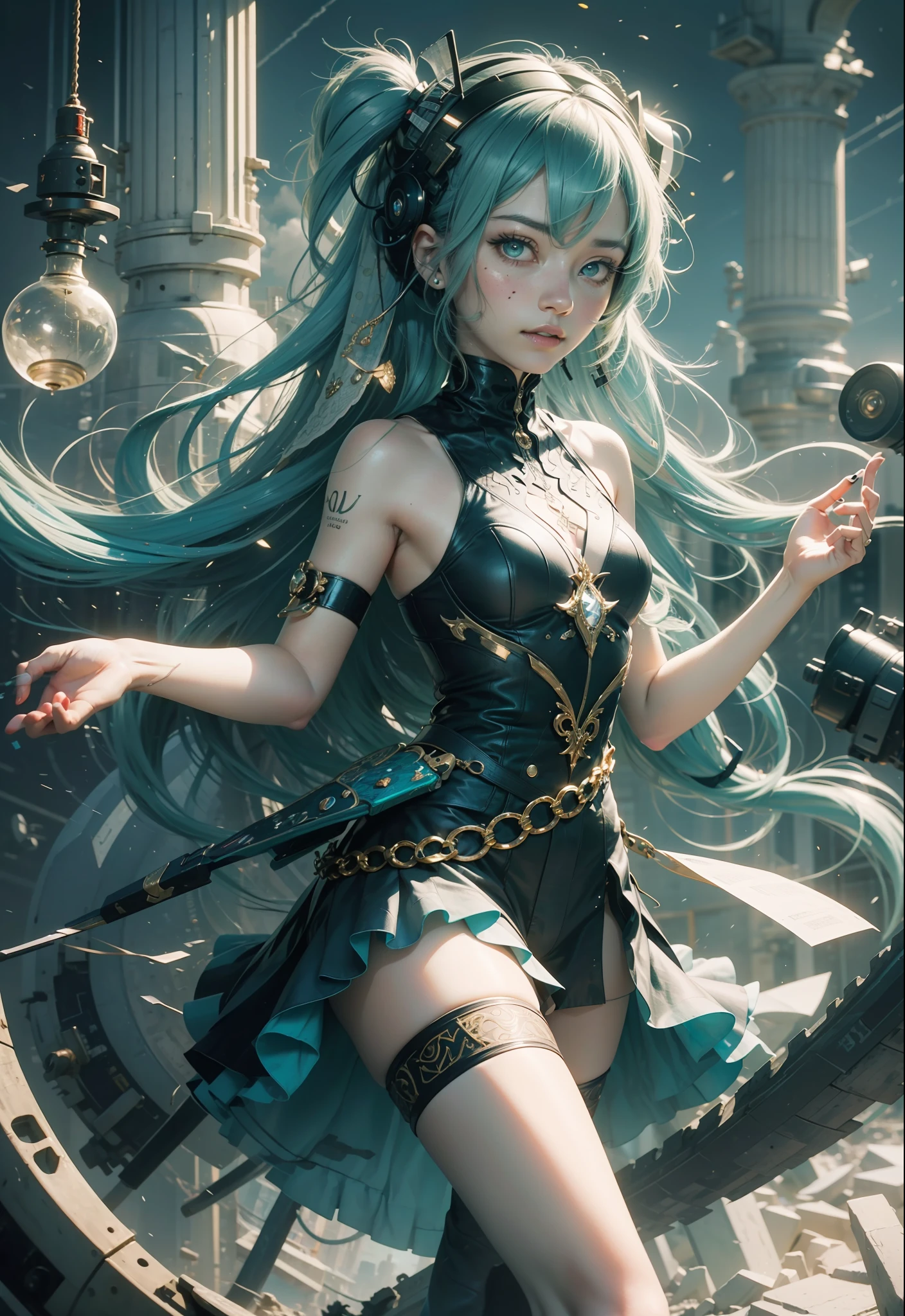 Hatsune Miku, (Ultra Real), (Illustration), (Hi-Res), (8K), (High Definition), (Best Illustration), (Beautiful Detailed Eyes), (Best Quality), (Super Detailed), (Masterpiece,), (Wallpaper), (Detailed Face), Solo、、、, One Girl, Aristocratic Dress, Green Hair, Iris Heterochromatic Eyes, Small Moles Under the Eyes, Middle Chest, Long Legs, Stunning Composition, Braid of Legs, Beautiful and Detailed Legs