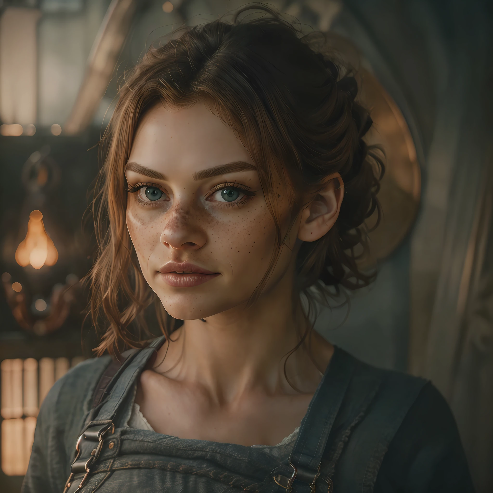 a professional portrait photo of a cute ginger woman, some freckles, Hasselblad award winner, omimoji, slate atmosphere, cinematic, dimmed colors, dark shot, muted colors, film grainy, lut, insane details, intricate details, hyperdetailed, twilight, wearing cute open overalls, glaring eyes,