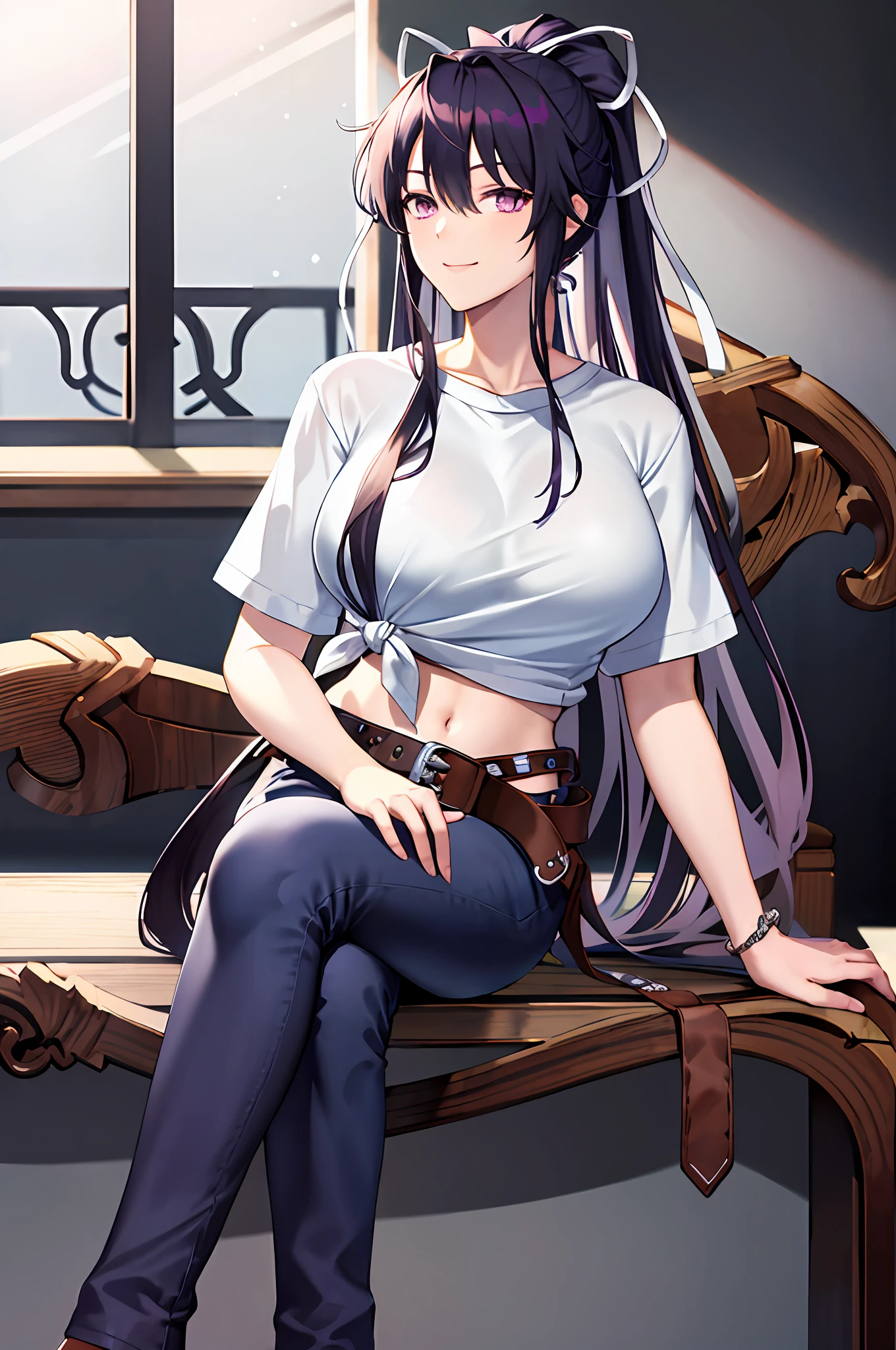 masterpiece, best quality, highres, kaori1, 1girl, solo, sheathed, asymmetrical clothes, navel, purple eyes, very long hair, tied shirt, midriff, hair ribbon, single pantsleg, white shirt, ponytail, black hair, large breasts, jeans, white ribbon, brown belt, purple hair, asymmetrical legwear, cowboy shot, smile, indoors, sitting, crossed legs,