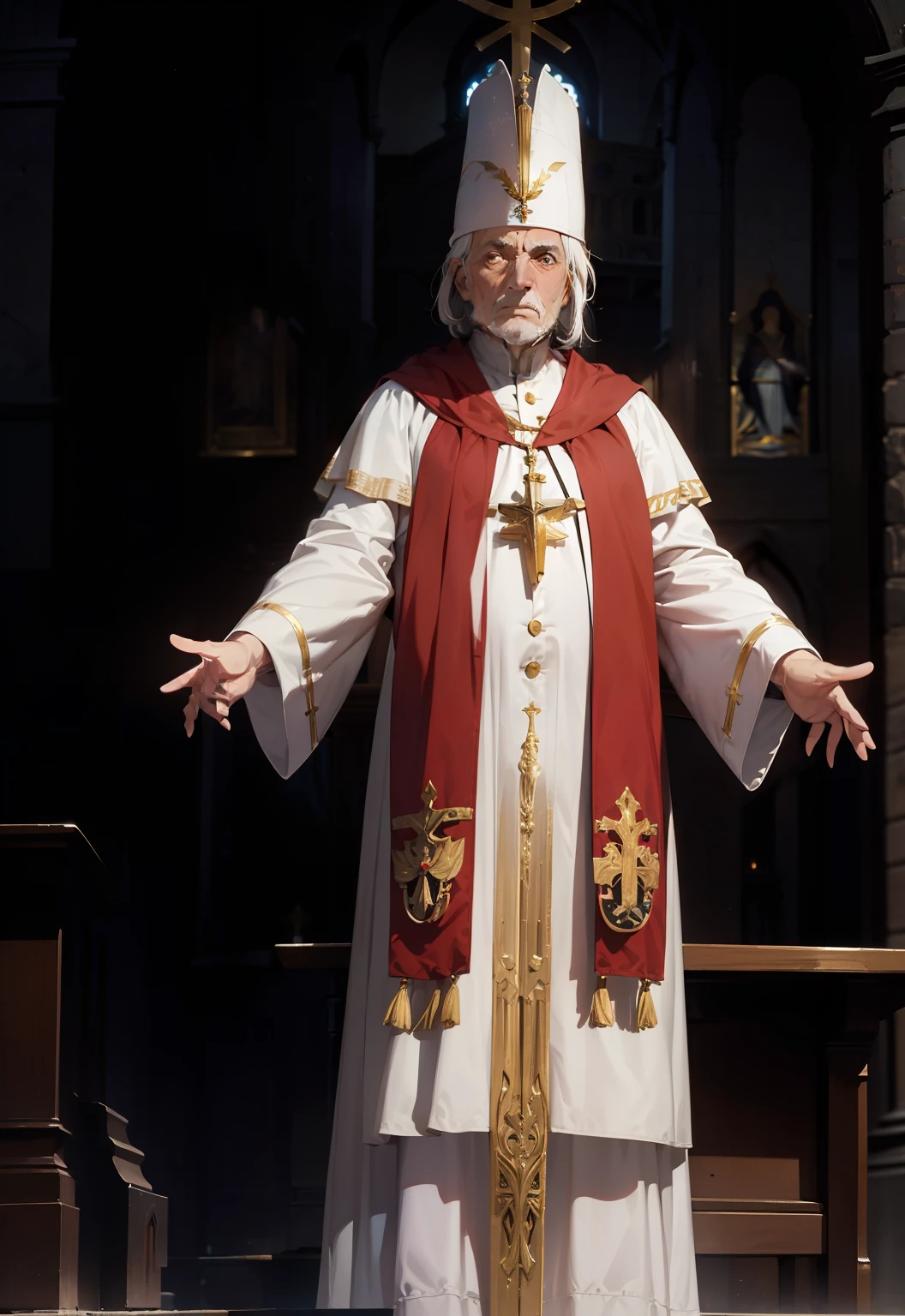 Europe, Middle Ages, Pope. An old man in a white robe and a white hat. Portrait of a figure, bust portrait, with the interior of the church in the background, magnificent, resplendent in gold