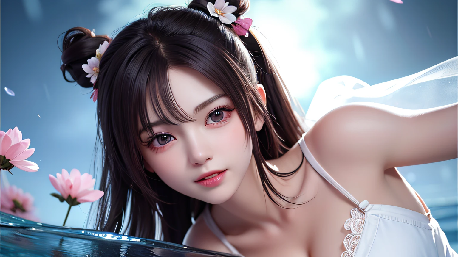 (8k, RAW photo: 1.2), top quality, ultra high resolution, (((cleavage coordination from head to bottom of chest)), dramatic angle, (pink petals flutter), (illustration), (1 girl)))), (long hair ponytail), (transparent white sheer lace dress)), beautiful face (light brown hair, blue eyes), (bright lip gloss, long eyelashes), Smooth) face, bright skin, natural shadows, wide light, wide light, depth of field, strong colors, subtle caustics: 0.8), smile, (big), (rain: 0.9), behind the girl is Hanazono, (focus), ((standing on the surface of the water)), (color splash), colorful splash, ((colorful))), (sketch: 0.8), masterpiece, best quality, beautifully painted, highly detailed, ( Denoise: 0.6), [Splash Ink], ((Ink Refraction)), (Beautiful Detailed Sky), Highly Detailed, (Masterpiece, Best Quality, Very Detailed) CG Unity 8k Wallpaper, Masterpiece, Best Quality, Ultra Detail), (Lycoris radiata)
