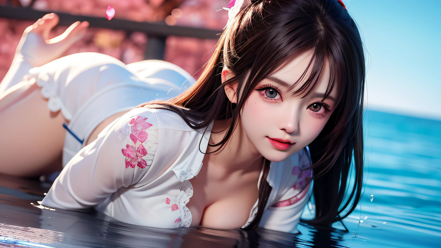 (8k, RAW photo: 1.2), top quality, ultra high resolution, (((cleavage coordination from head to bottom of chest)), dramatic angle, (pink petals flutter), (illustration), (1 girl)))), (long hair ponytail), (transparent white sheer lace dress)), beautiful face (light brown hair, blue eyes), (bright lip gloss, long eyelashes), Smooth) face, bright skin, natural shadows, wide light, wide light, depth of field, strong colors, subtle caustics: 0.8), smile, (big), (rain: 0.9), behind the girl is Hanazono, (focus), ((standing on the surface of the water)), (color splash), colorful splash, ((colorful))), (sketch: 0.8), masterpiece, best quality, beautifully painted, highly detailed, ( Denoise: 0.6), [Splash Ink], ((Ink Refraction)), (Beautiful Detailed Sky), Highly Detailed, (Masterpiece, Best Quality, Very Detailed) CG Unity 8k Wallpaper, Masterpiece, Best Quality, Ultra Detail), (Lycoris radiata)
