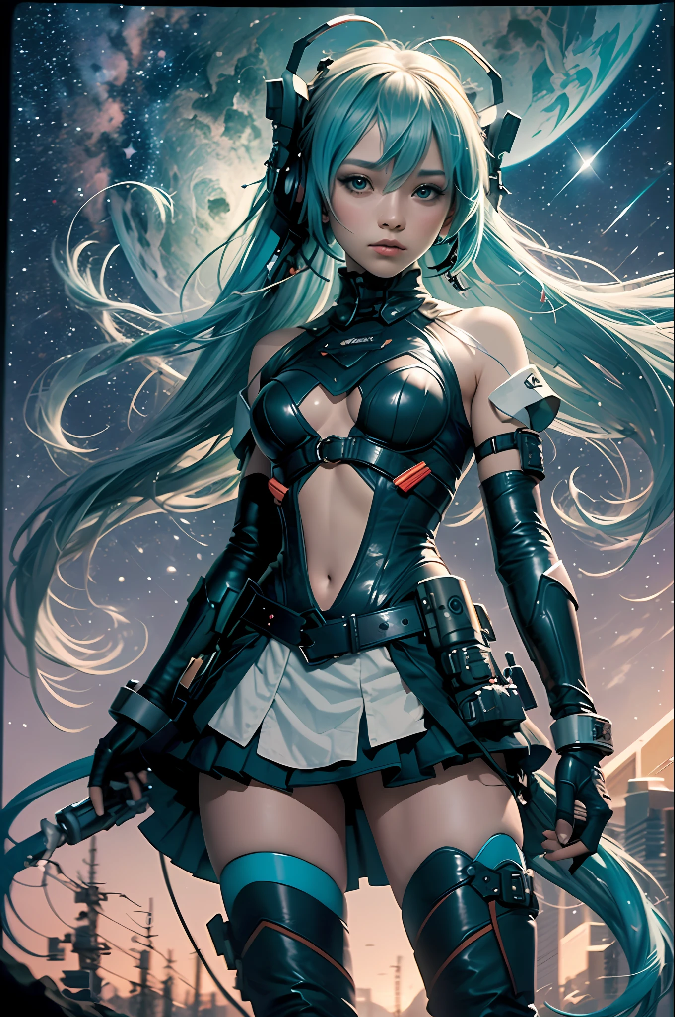 Best Quality, Best Picture Quality, Concept Art, Beautiful Girl, Have a Handgun, Full Body, Wilderness, Night, Starry Sky, Alphonse Mucha, Hatsune Miku, Dream, Rainbow, Hope, Dynamic Composition, Seeing Far Away, Colorful, High Resolution, :( Detail Face: 1.2): 0.2], Film Grain, Fujifilm XT3, (High Detail Skin: 0.9), 8k, Detailed Gradient Background, Full
