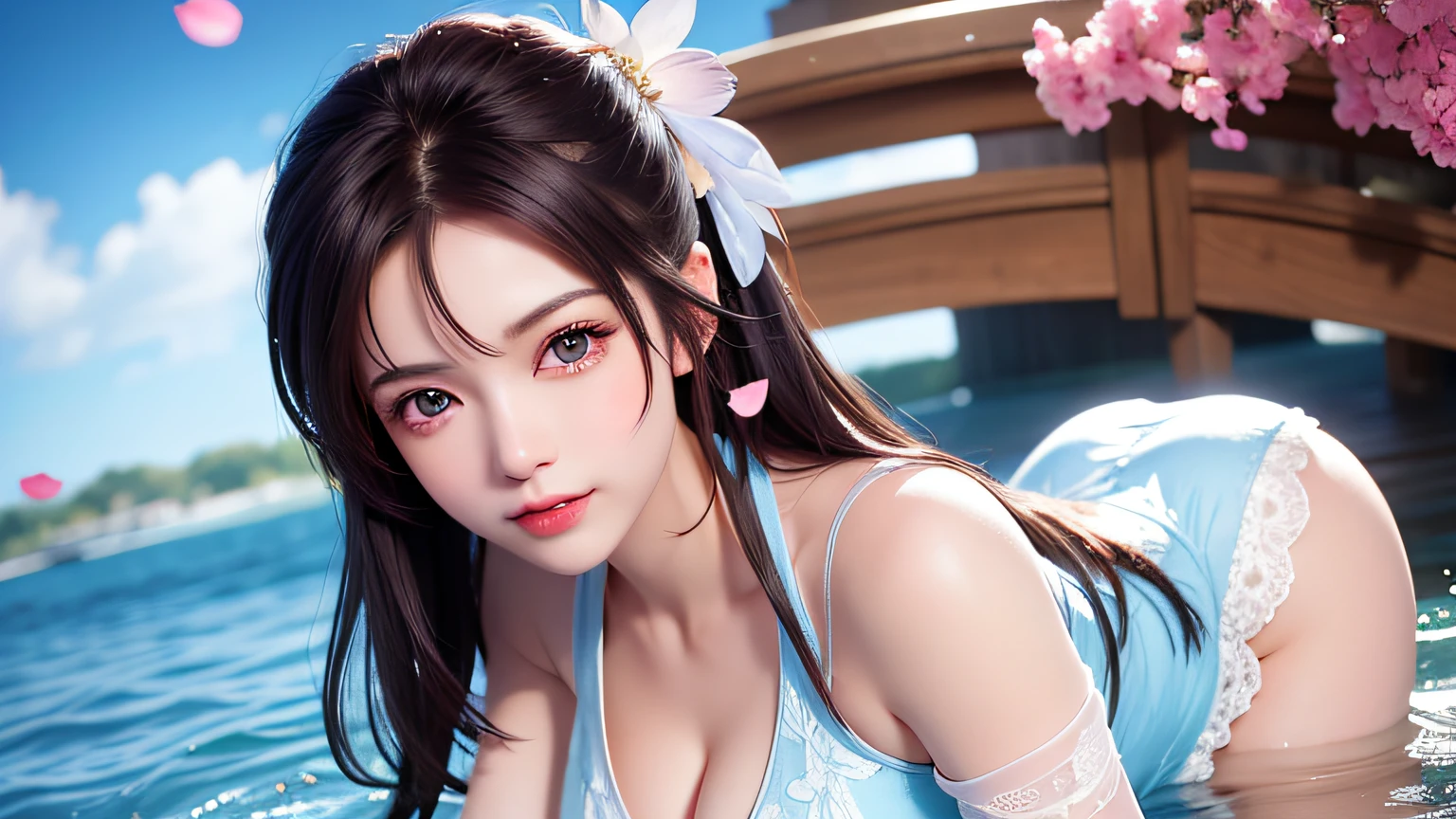 (8k, RAW photo: 1.2), top quality, ultra high resolution, (((cleavage coordination from head to bottom of chest)), dramatic angle, (pink petals flutter), (illustration), (1 girl)))), (long hair ponytail), (transparent white sheer lace dress)), beautiful face (light brown hair, blue eyes), (bright lip gloss, long eyelashes), Smooth) face, bright skin, natural shadows, wide light, wide light, depth of field, strong colors, subtle caustics: 0.8), smile, (big), (rain: 0.9), behind the girl is Hanazono, (focus), ((standing on the surface of the water)), (color splash), colorful splash, ((colorful))), (sketch: 0.8), masterpiece, best quality, beautifully painted, highly detailed, ( Denoise: 0.6), [Splash Ink], ((Ink Refraction)), (Beautiful Detailed Sky), Highly Detailed, (Masterpiece, Best Quality, Very Detailed) CG Unity 8k Wallpaper, Masterpiece, Best Quality, Ultra Detail), (Lycoris radiata)