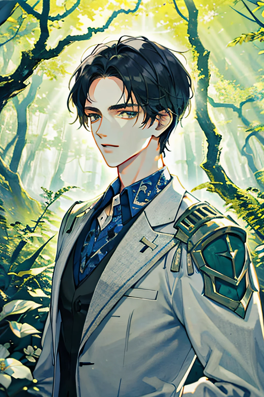 ((masterpiece:1.2, best quality)), 1man, adult, mature, (handsome:1.4), extremely short hair, forehead, white suit, forest, blossom, flood, sunlight, best light and shadow, landscape, extremely detailed face, portrait, (muscle: 1.4, broad shoulder: 1.4), stoic