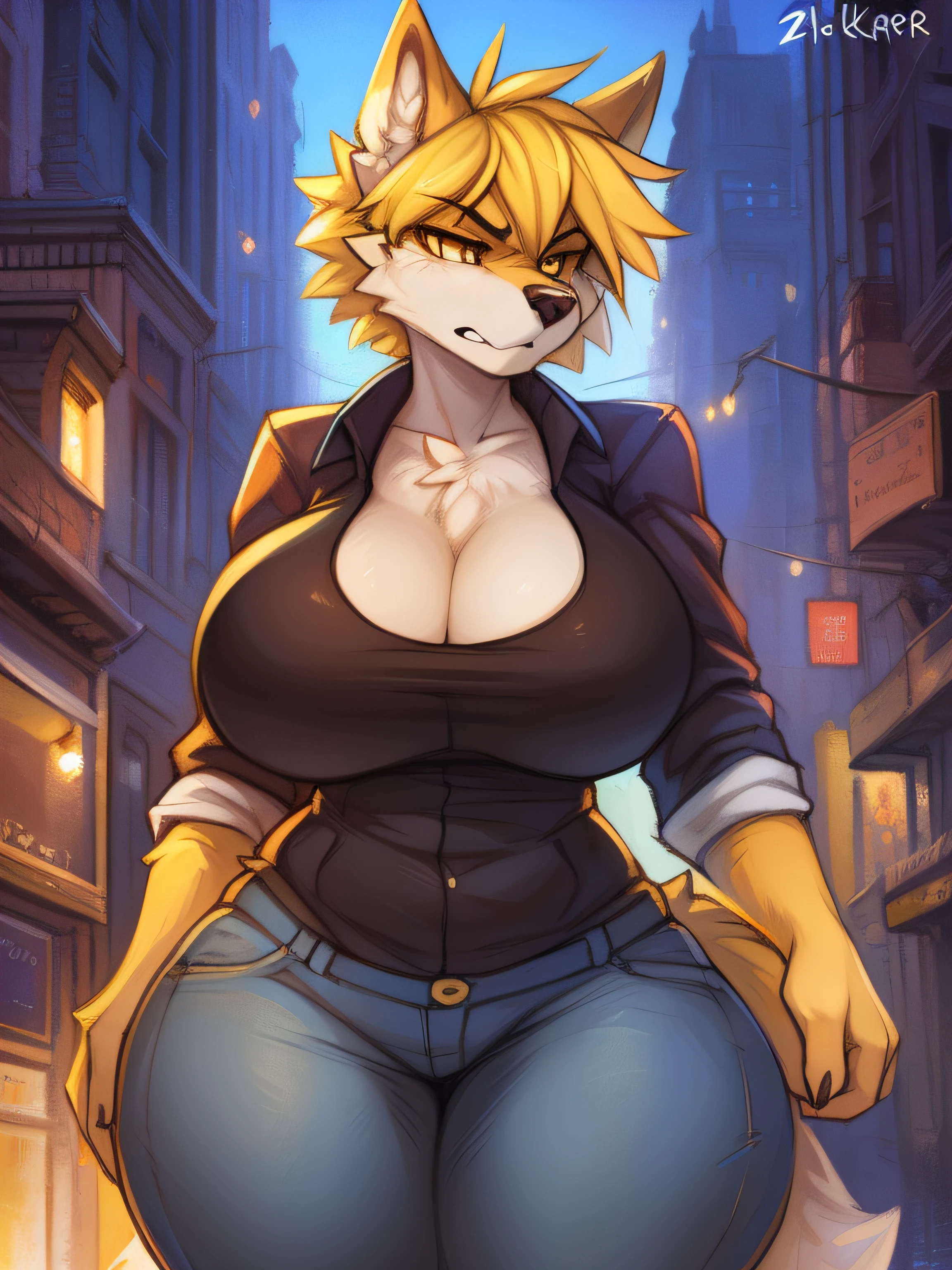 by fluff-kevlar, by Zackary911, by Kenket, by Kilinah, by fluff-kevlar, (masterpiece), (best quality), (anthro furry:1.3, snout:1.2, anthro:1.3, furry:1.2, solo female:1.2), (extremely detailed:1.3), (curvaceous figure, thick figure), (curvy body), (curvaceous body), (huge breasts), (huge thighs), (huge butt), (very tall), fully clothed, modern clothing, casual clothing, (annoyed expression, intimidating pose), city background, short hair, yellow hair, wolf, yellow eyes,