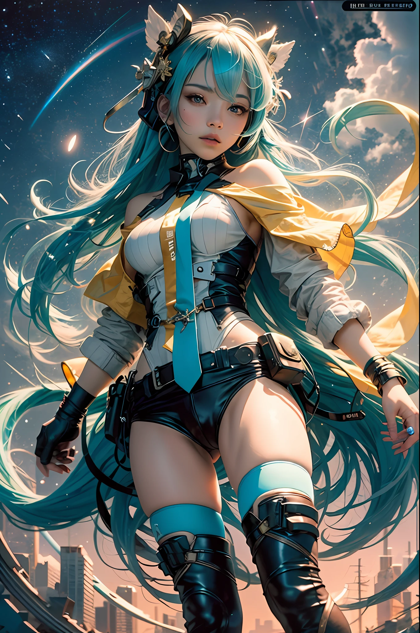 Best Quality, Best Picture Quality, Concept Art, Beautiful Girl, Have a Handgun, Full Body, Wilderness, Night, Starry Sky, Alphonse Mucha, Hatsune Miku, Dream, Rainbow, Hope, Dynamic Composition, Seeing Far Away, Colorful, High Resolution, :( Detail Face: 1.2): 0.2], Film Grain, Fujifilm XT3, (High Detail Skin: 0.9), 8k, Detailed Gradient Background, Full