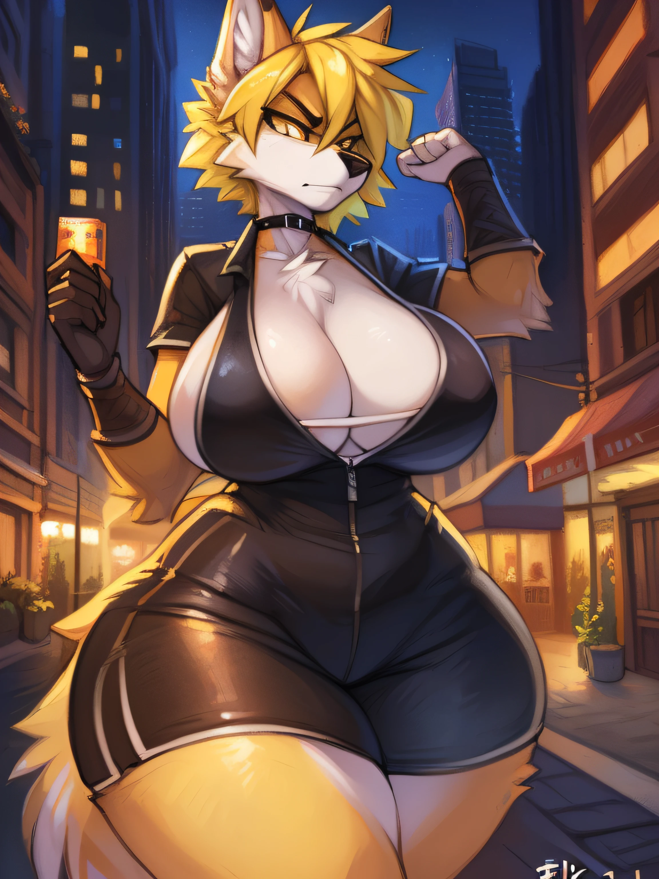 by fluff-kevlar, by Zackary911, by Kenket, by Kilinah, by fluff-kevlar, (masterpiece), (best quality), (anthro furry:1.3, snout:1.2, anthro:1.3, furry:1.2, solo female:1.2), (extremely detailed:1.3), (curvaceous figure, thick figure), (curvy body), (curvaceous body), (huge breasts), (huge thighs), (huge butt), (very tall), fully clothed, modern clothing, casual clothing, (annoyed expression, intimidating pose), city background, short hair, yellow hair, wolf, yellow eyes,